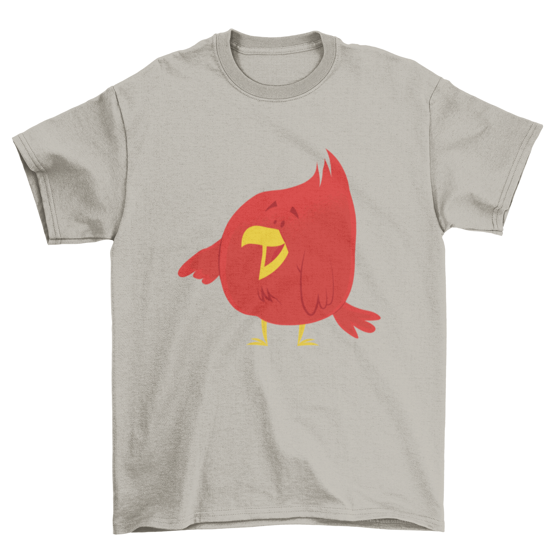 Cute cartoon illustration of a chubby red bird laughing and pointing with its wing on a t-shirt.