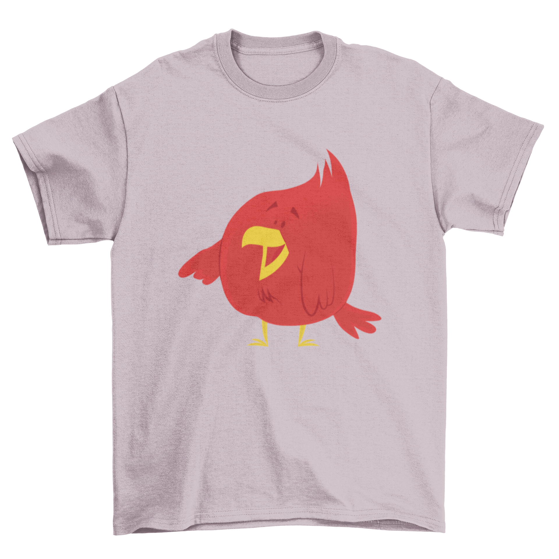 Cute cartoon illustration of a chubby red bird laughing and pointing with its wing on a t-shirt.