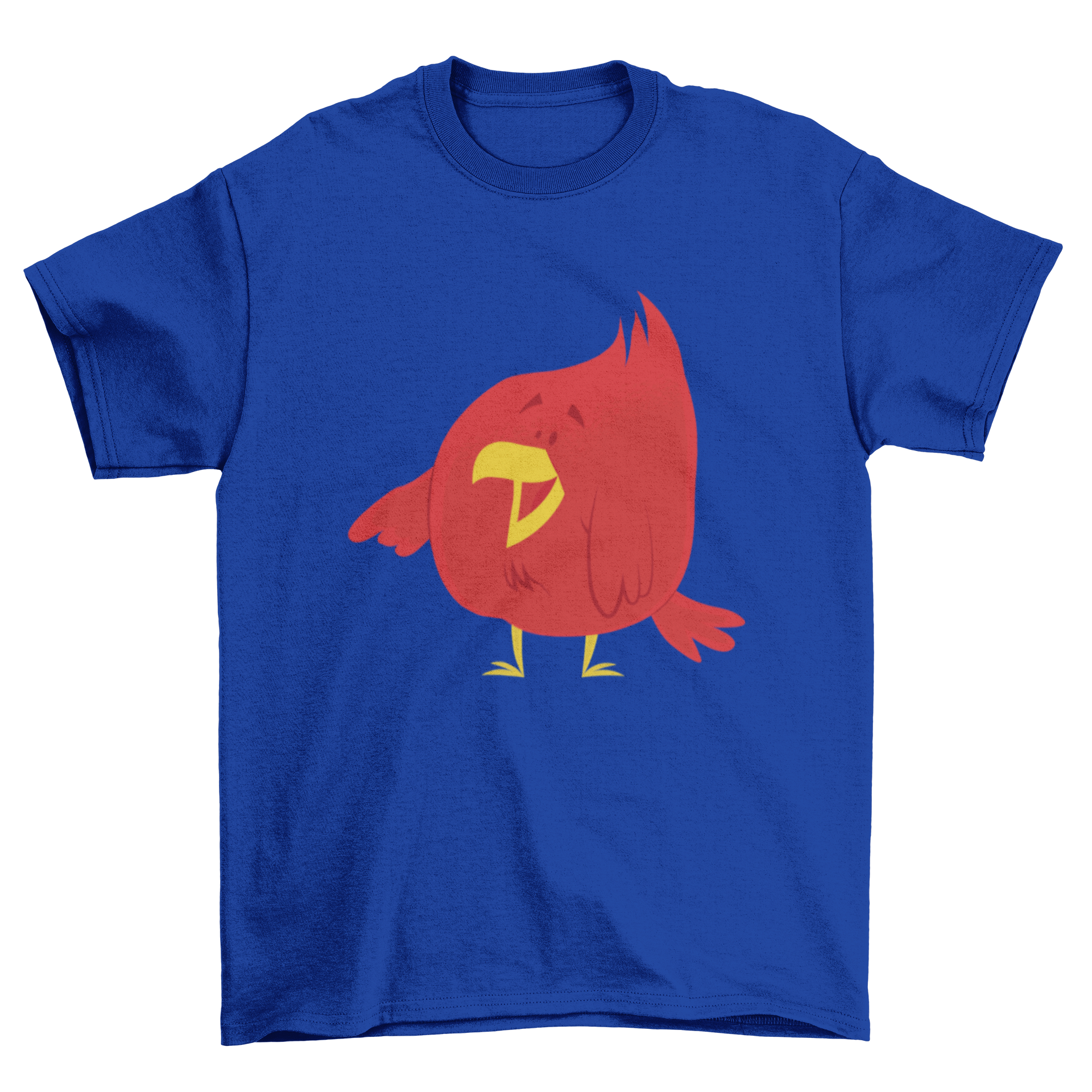 Cute cartoon illustration of a chubby red bird laughing and pointing with its wing on a t-shirt.