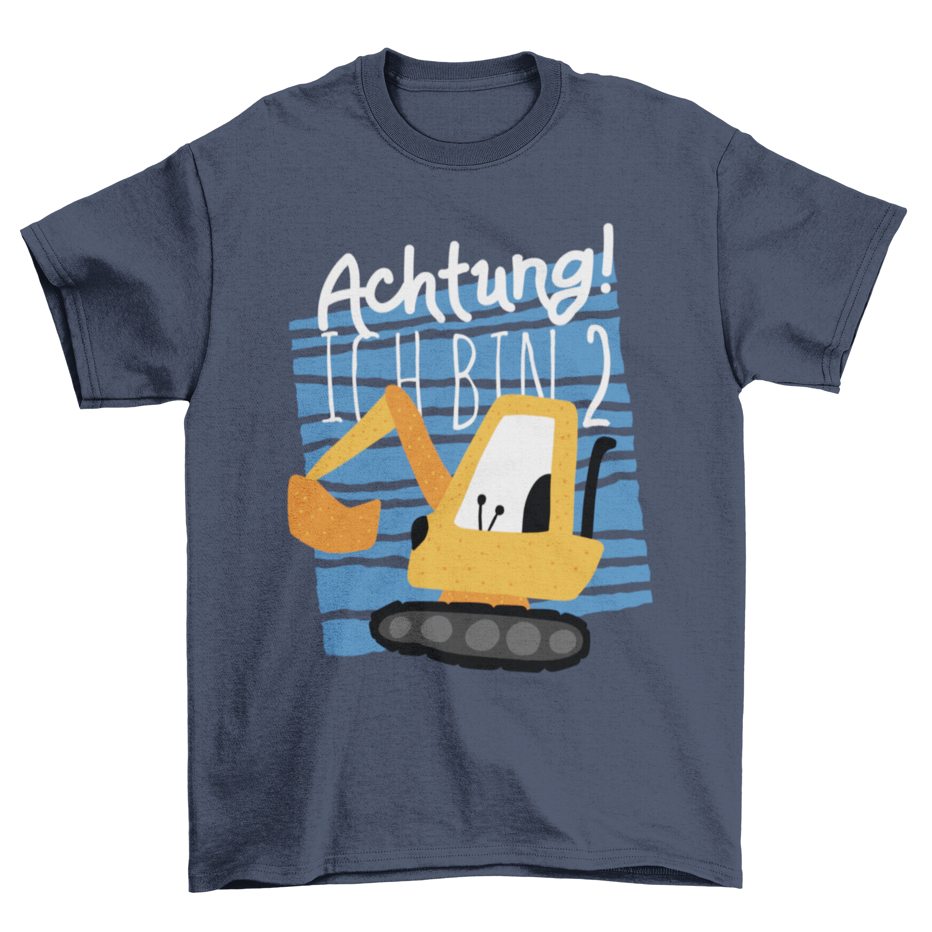 Cute Construction T-shirt featuring a cartoon excavator truck on a blue background with 'Achtung! Ich Bin 2' caption.