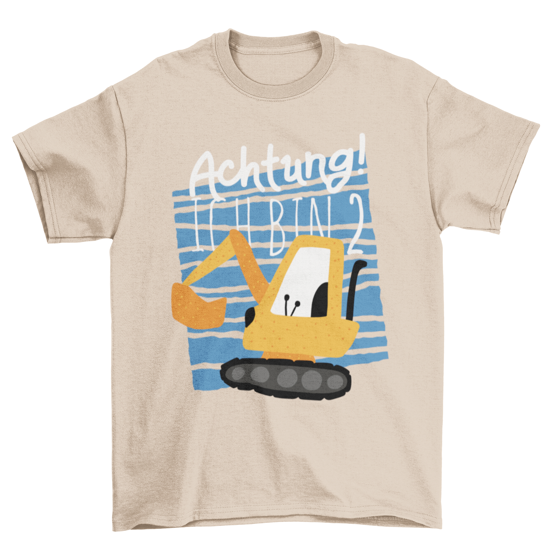 Cute Construction T-shirt featuring a cartoon excavator truck on a blue background with 'Achtung! Ich Bin 2' caption.