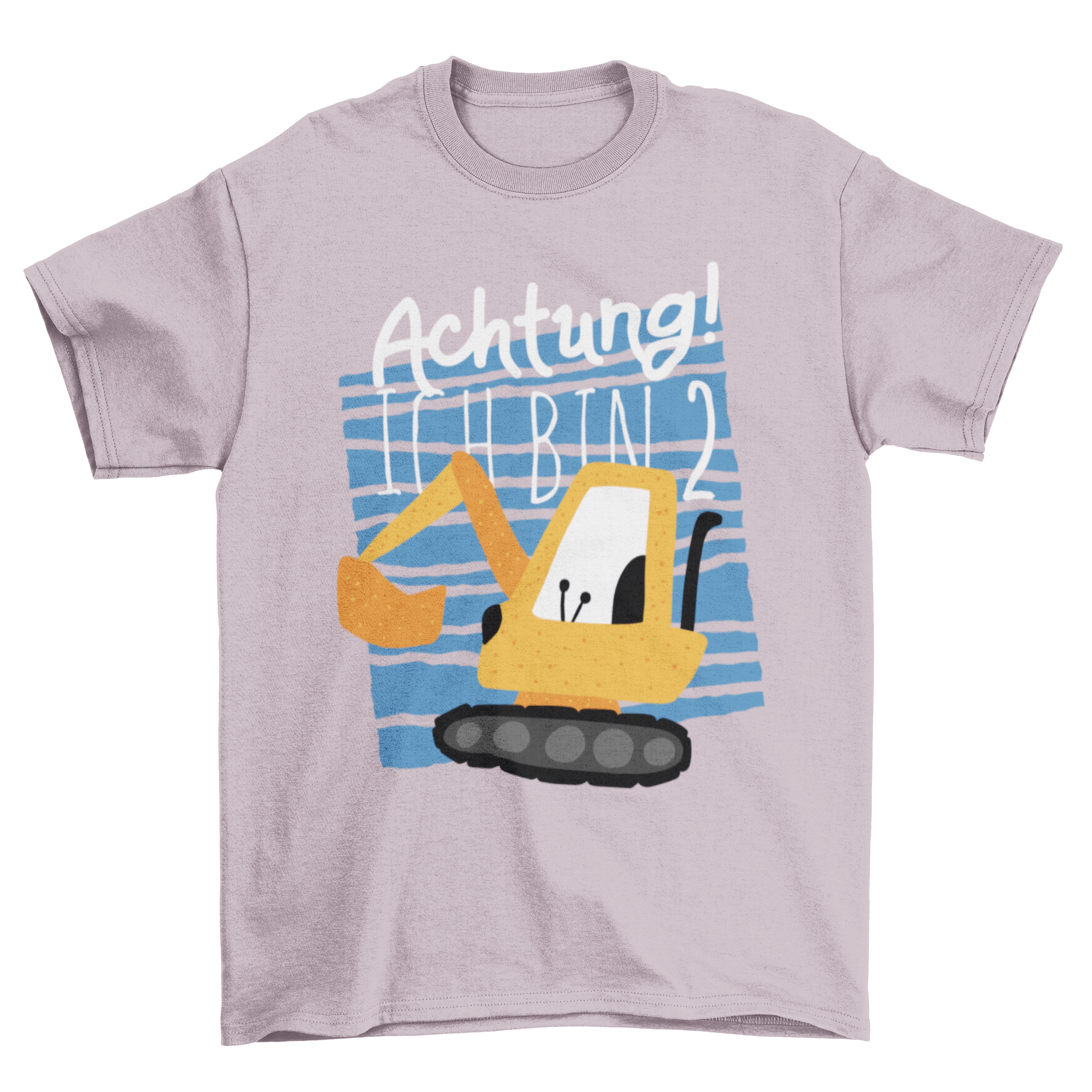 Cute Construction T-shirt featuring a cartoon excavator truck on a blue background with 'Achtung! Ich Bin 2' caption.