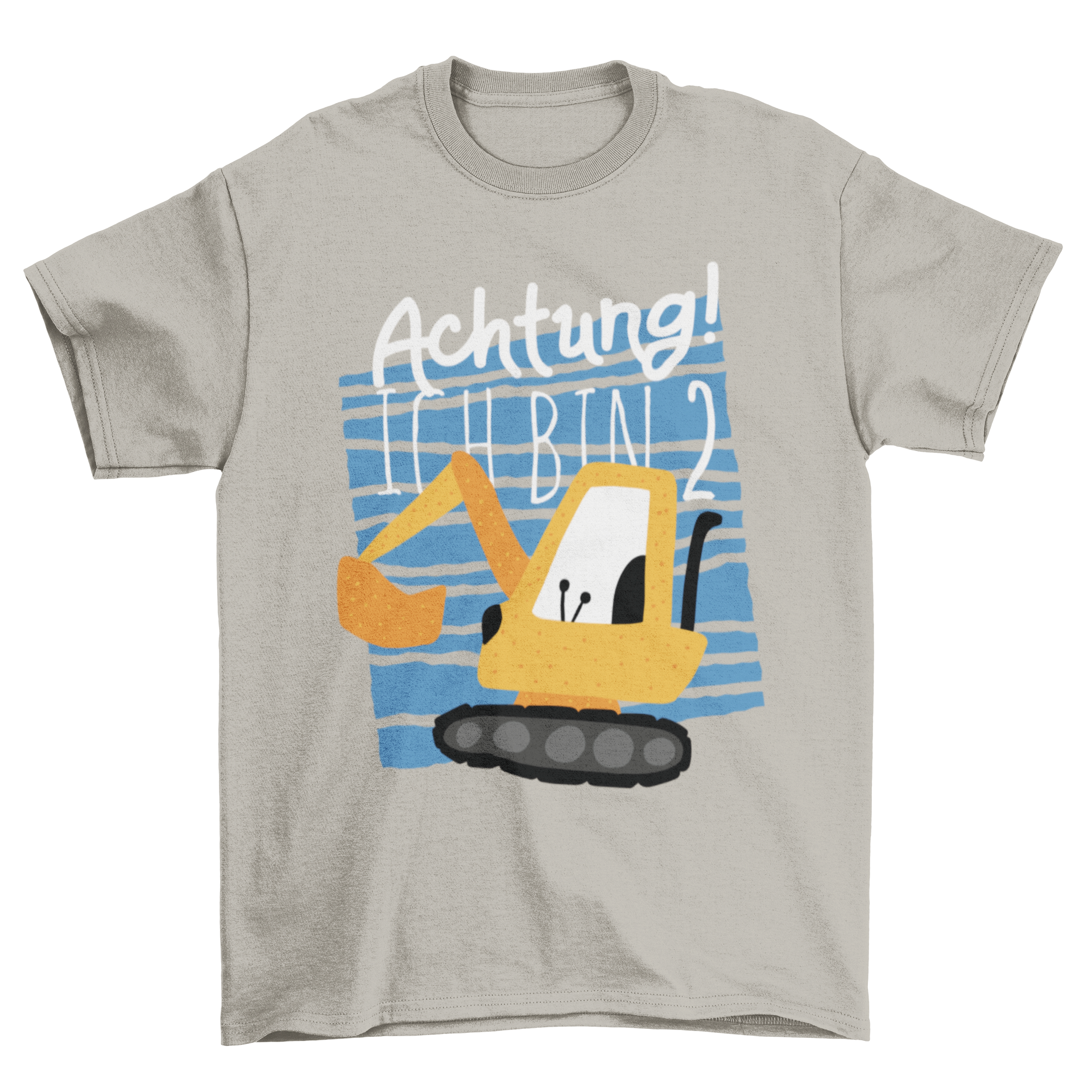 Cute Construction T-shirt featuring a cartoon excavator truck on a blue background with 'Achtung! Ich Bin 2' caption.