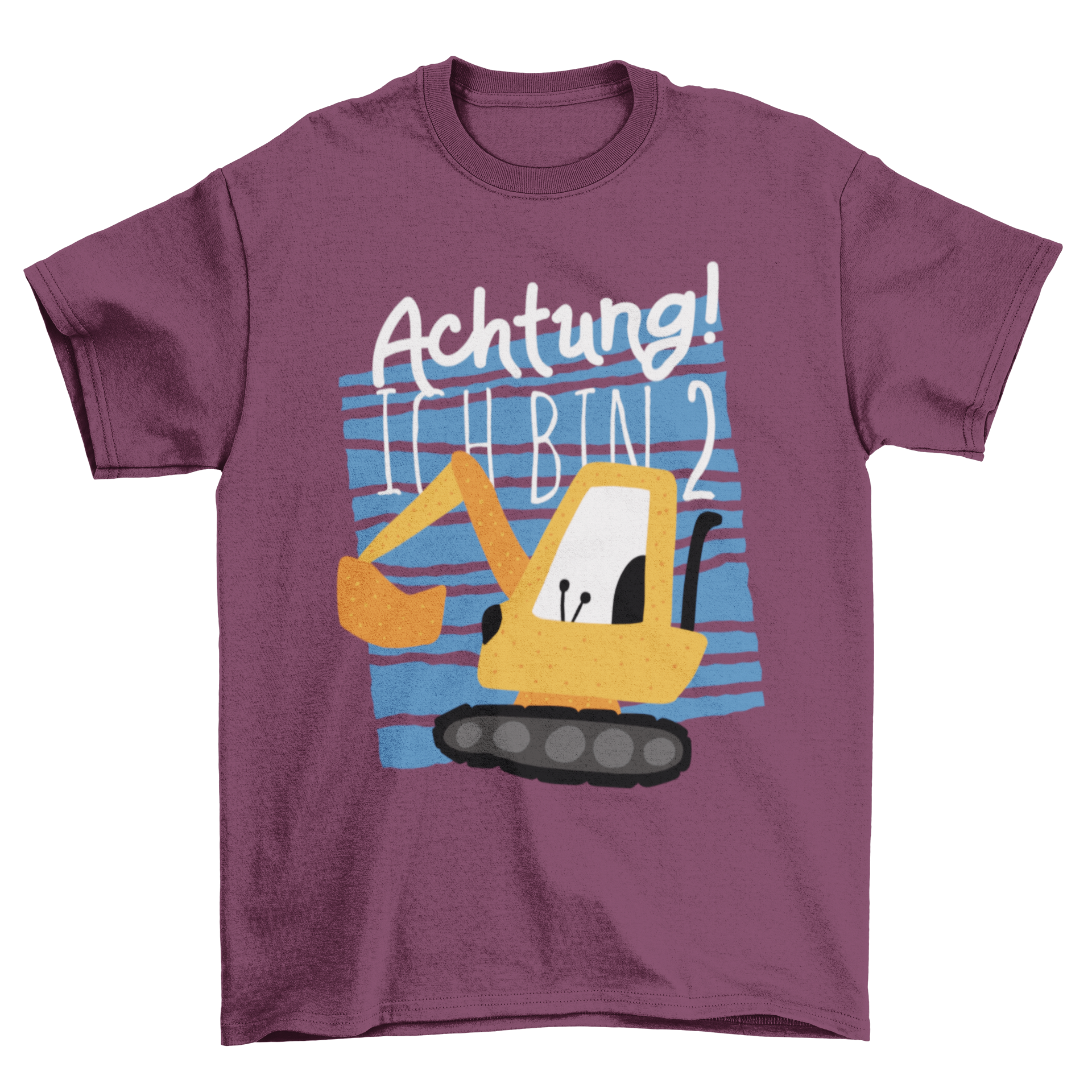 Cute Construction T-shirt featuring a cartoon excavator truck on a blue background with 'Achtung! Ich Bin 2' caption.