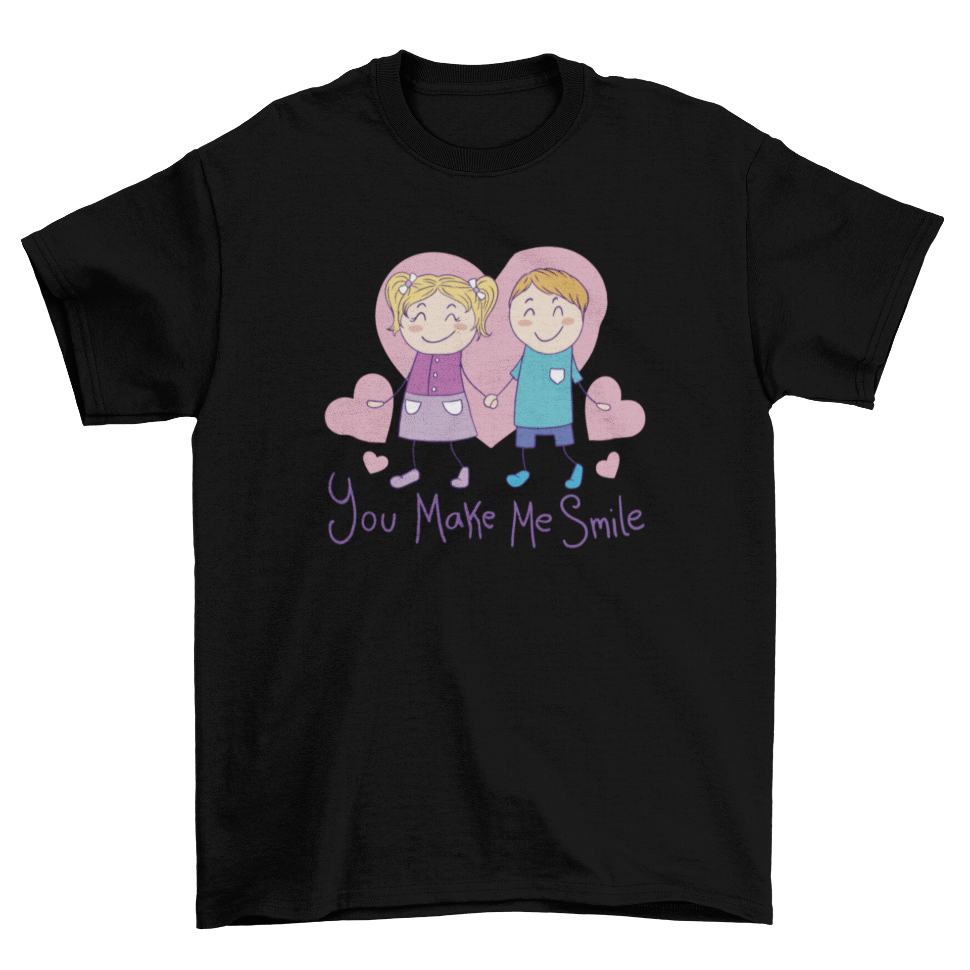 Cute couple doodle t-shirt featuring a couple holding hands with the quote 'You make me smile'.