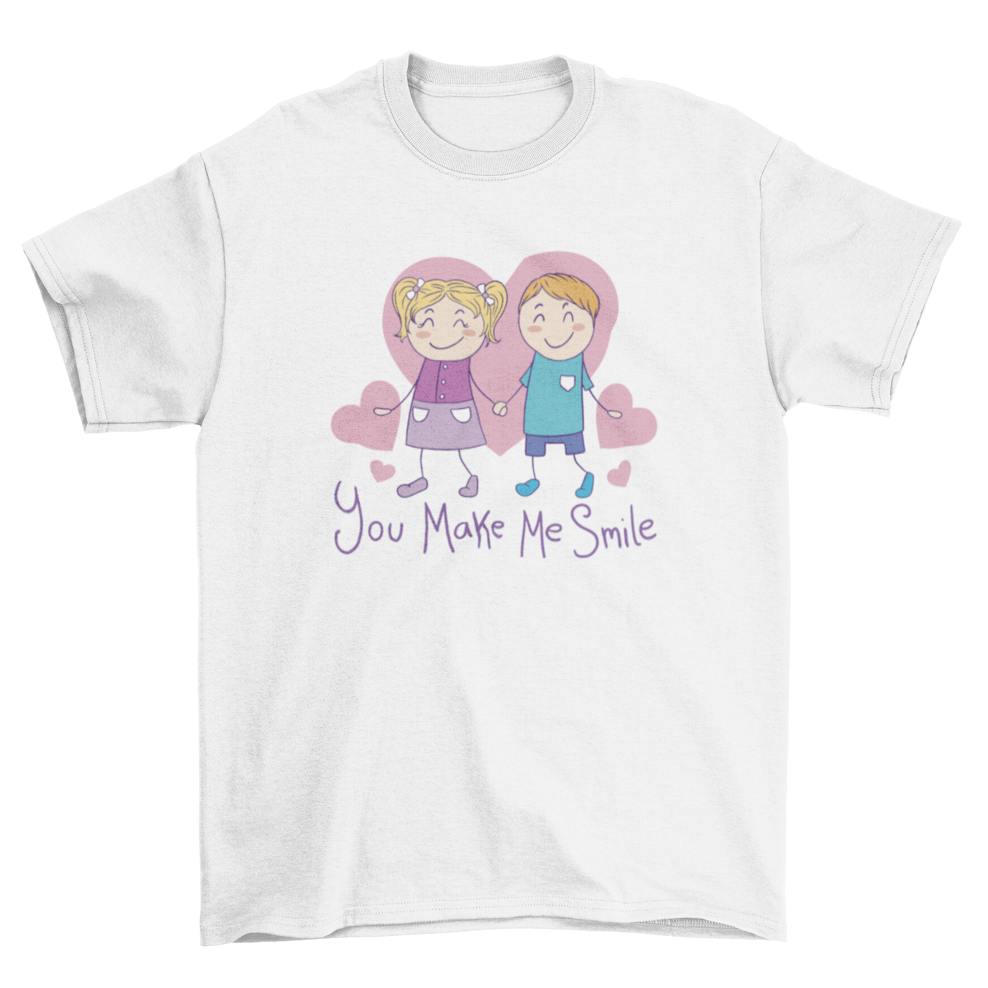 Cute couple doodle t-shirt featuring a couple holding hands with the quote 'You make me smile'.