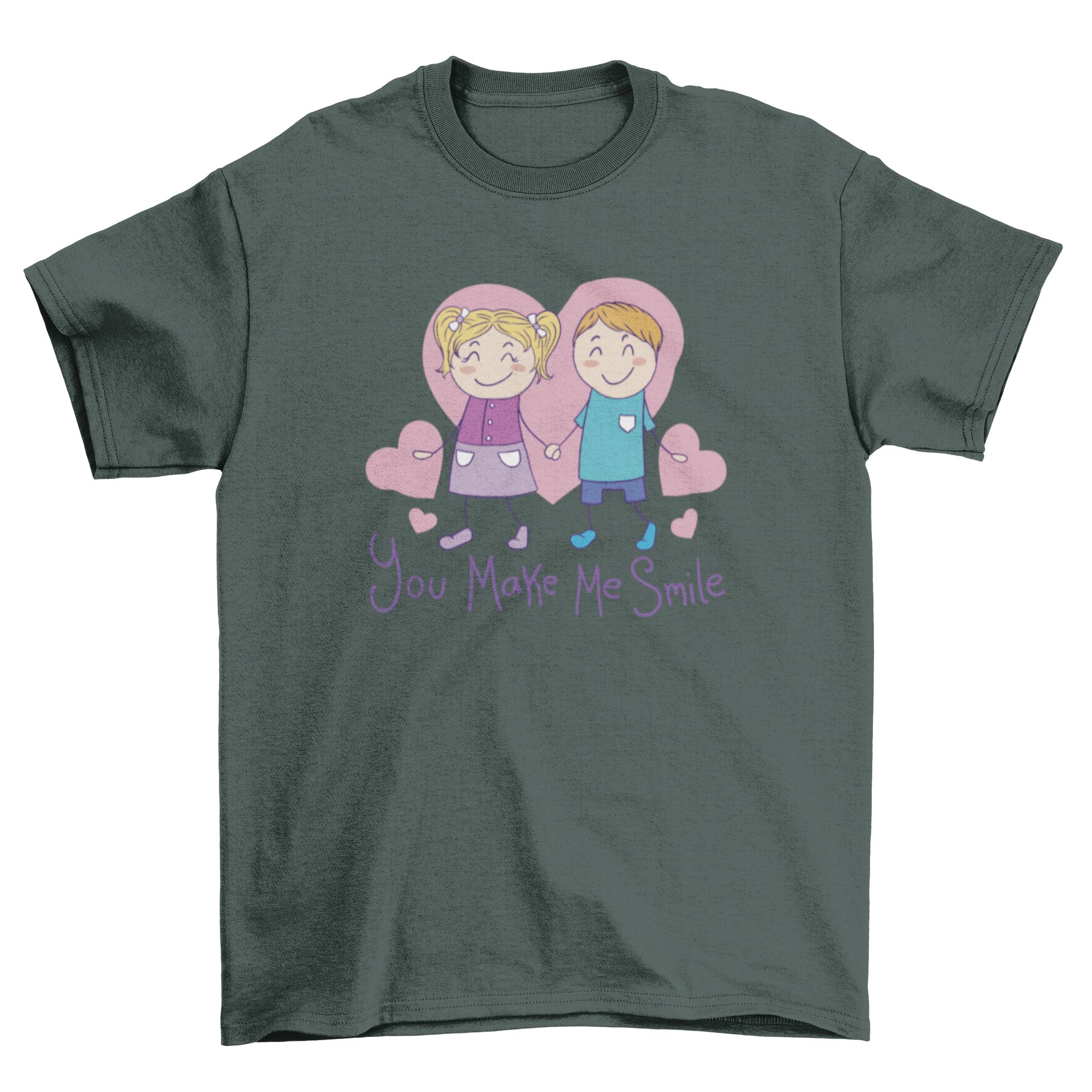 Cute couple doodle t-shirt featuring a couple holding hands with the quote 'You make me smile'.