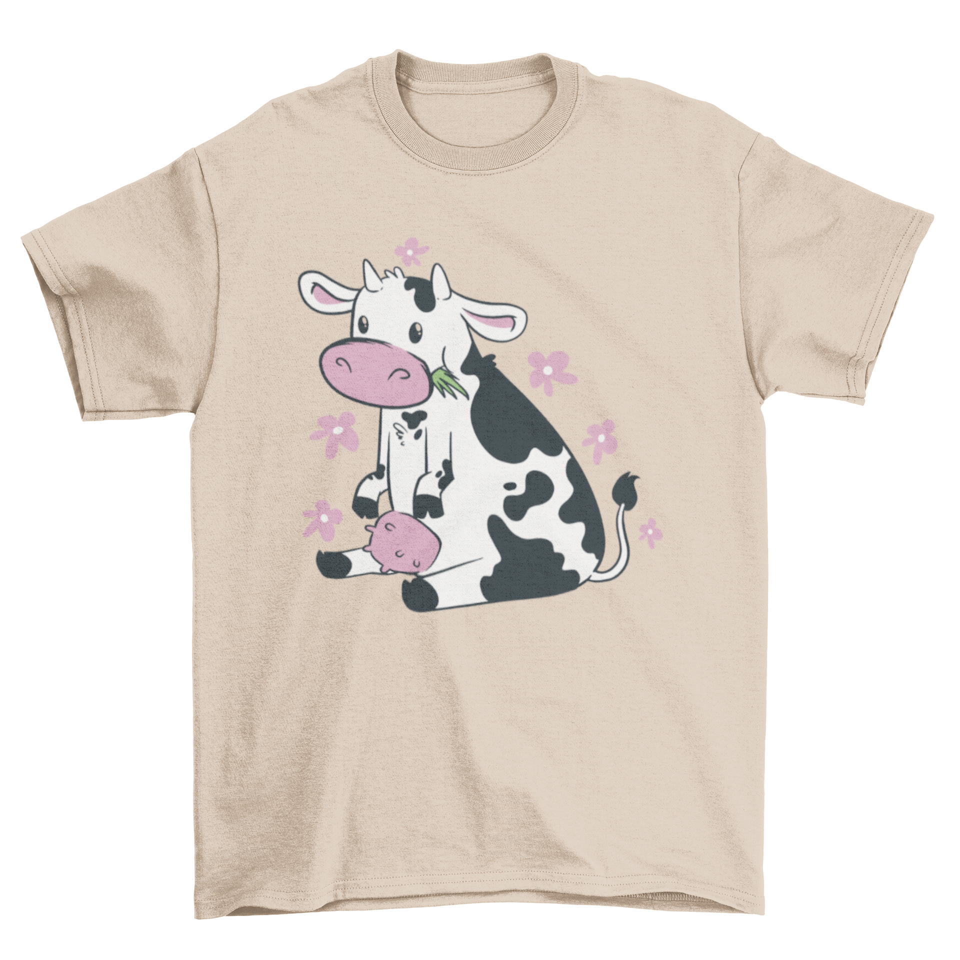 A cute t-shirt featuring a graphic of a cow eating grass, designed for casual wear.