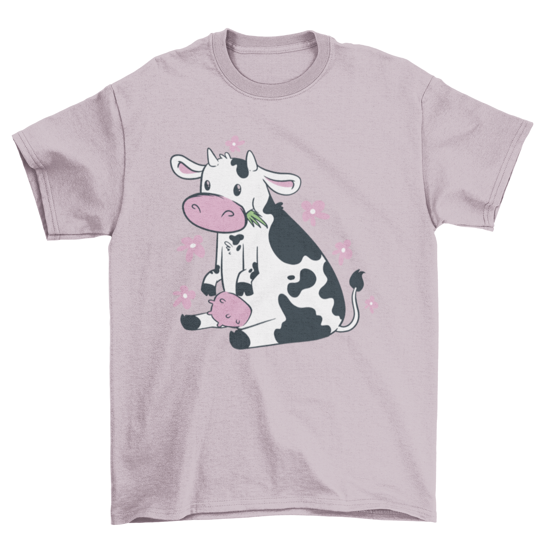 A cute t-shirt featuring a graphic of a cow eating grass, designed for casual wear.