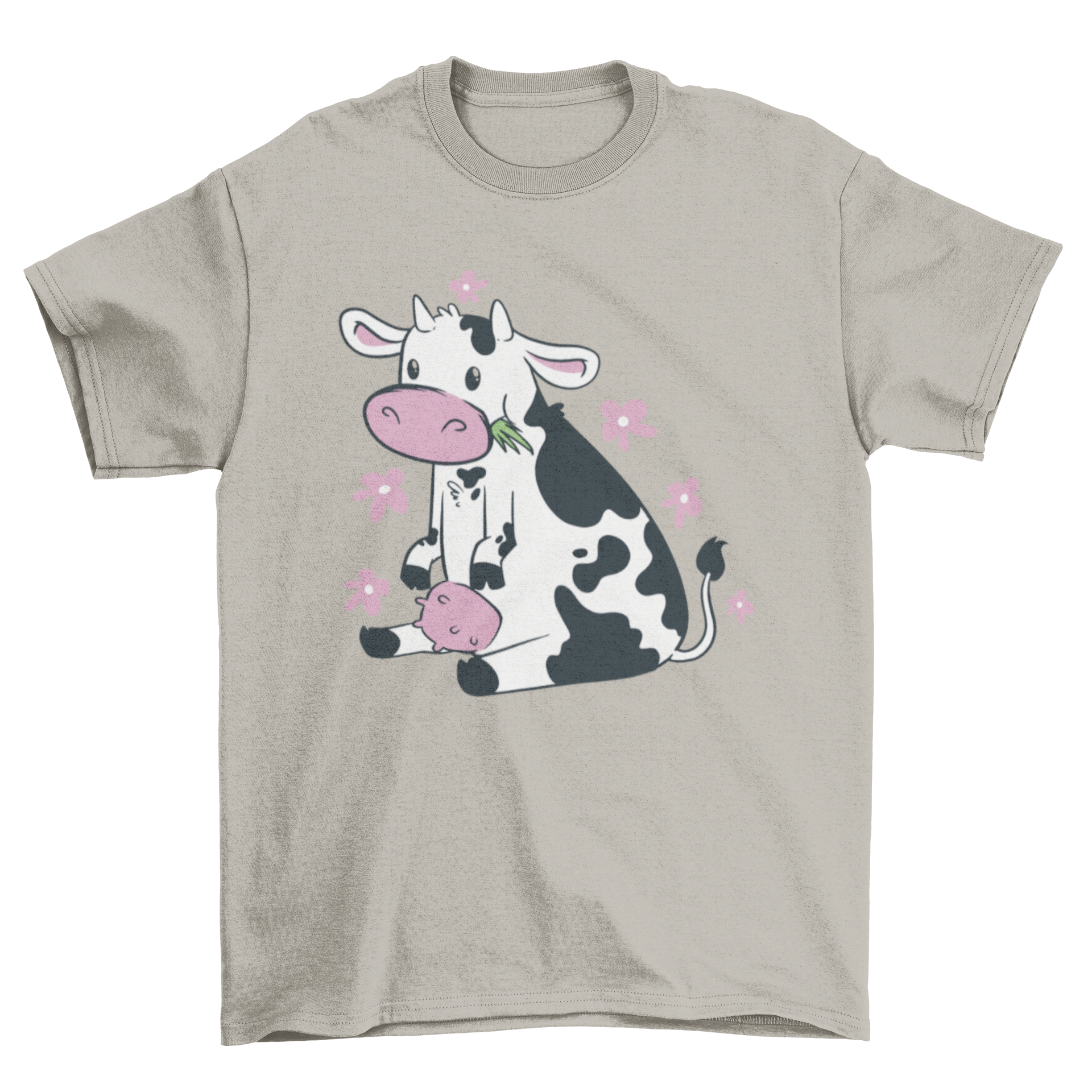 A cute t-shirt featuring a graphic of a cow eating grass, designed for casual wear.