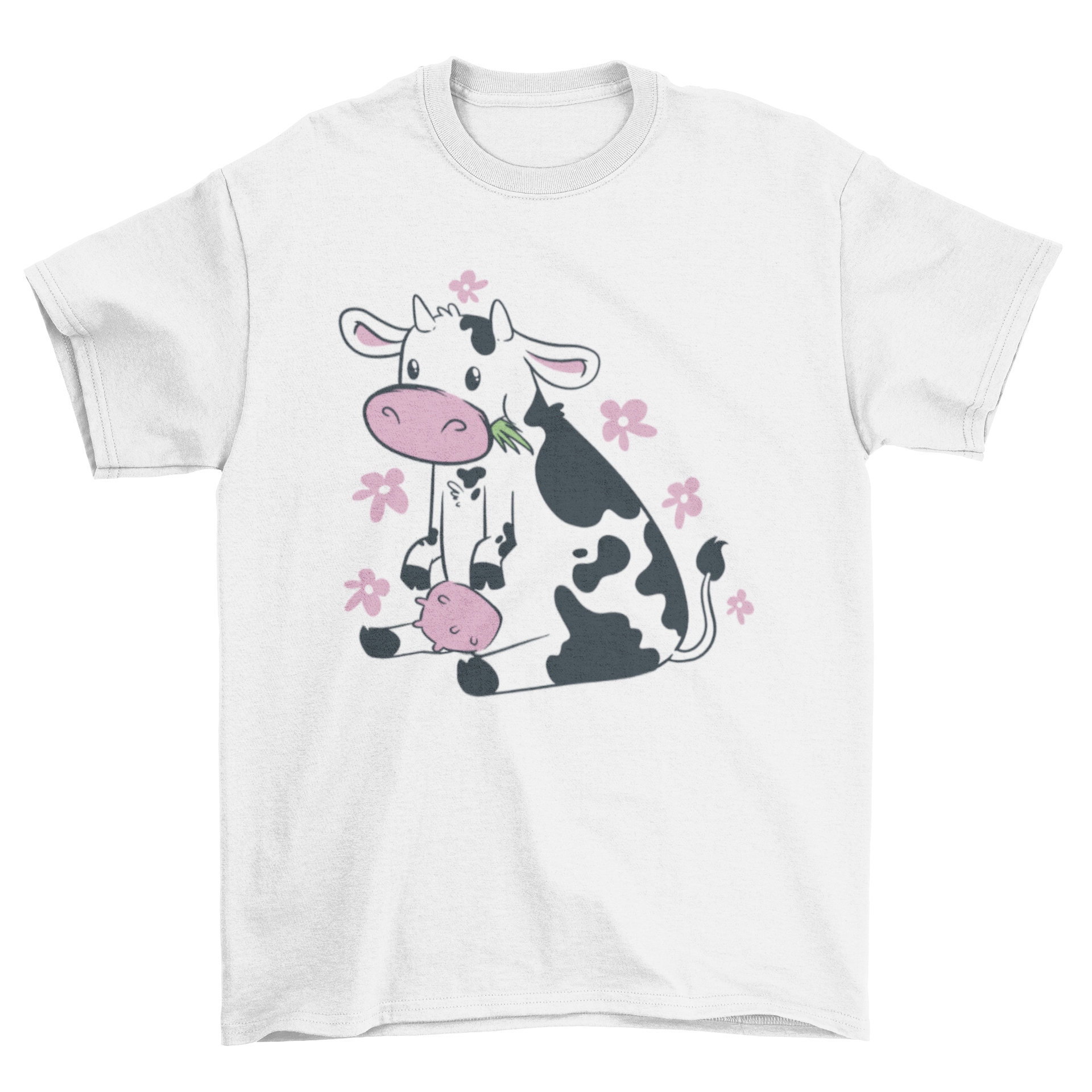 A cute t-shirt featuring a graphic of a cow eating grass, designed for casual wear.