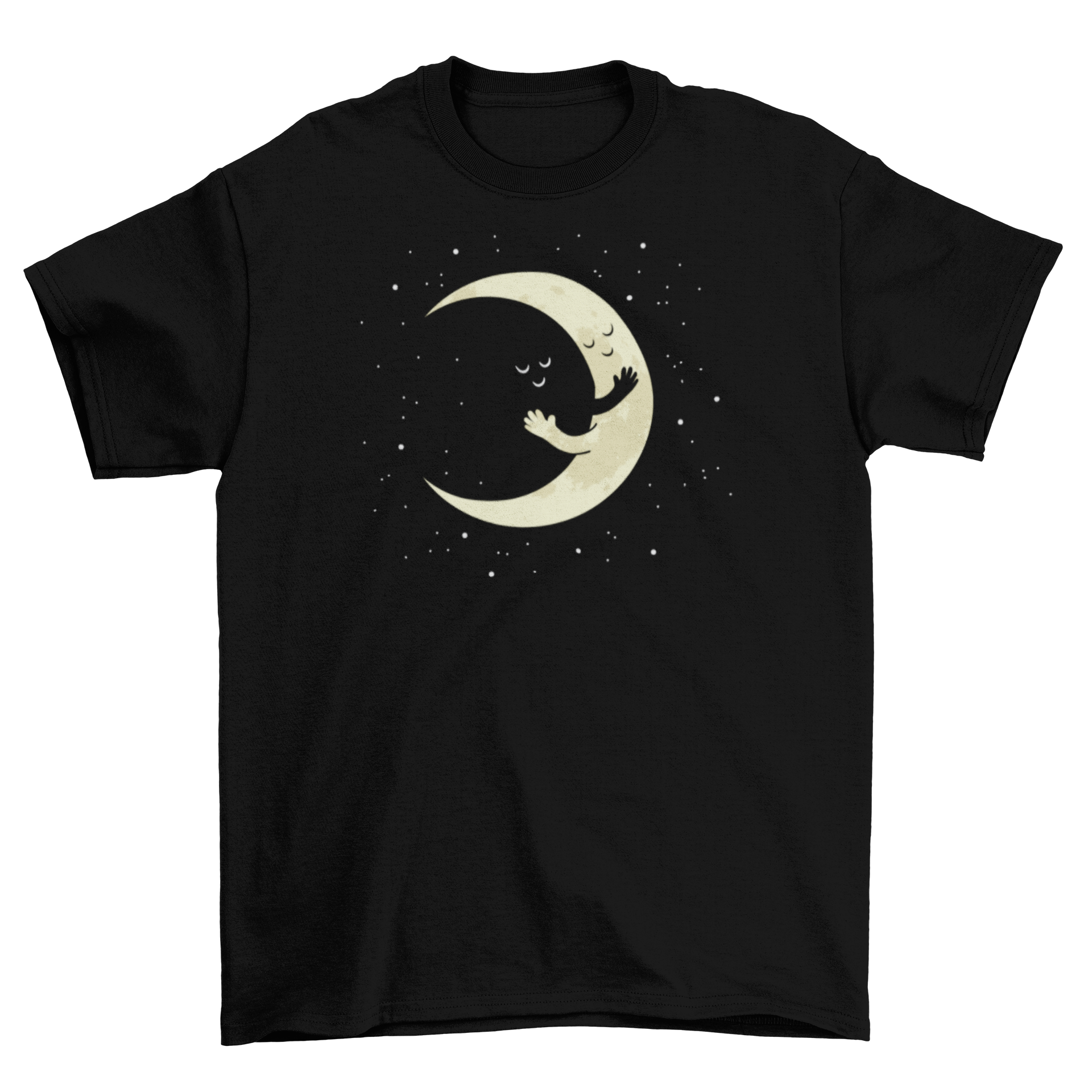 Cute Crescent Moon Hug T-shirt featuring a crescent moon design embracing its dark side, perfect for casual wear.