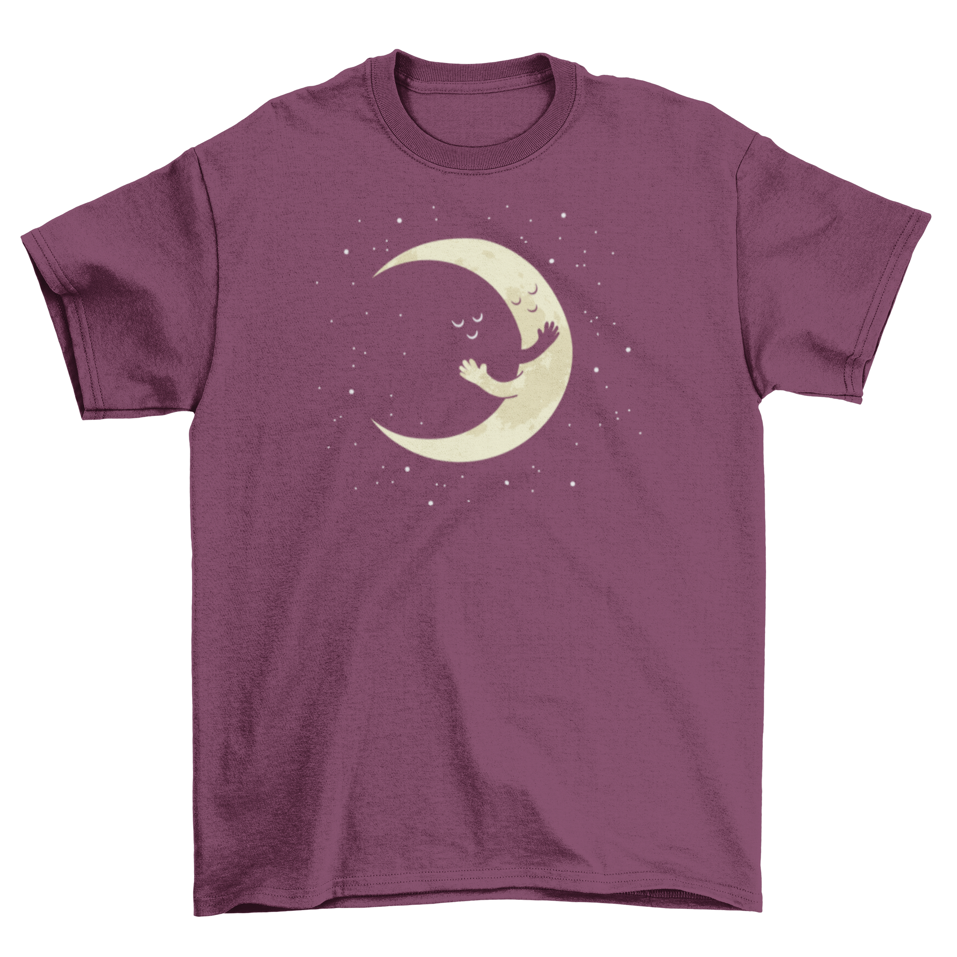 Cute Crescent Moon Hug T-shirt featuring a crescent moon design embracing its dark side, perfect for casual wear.