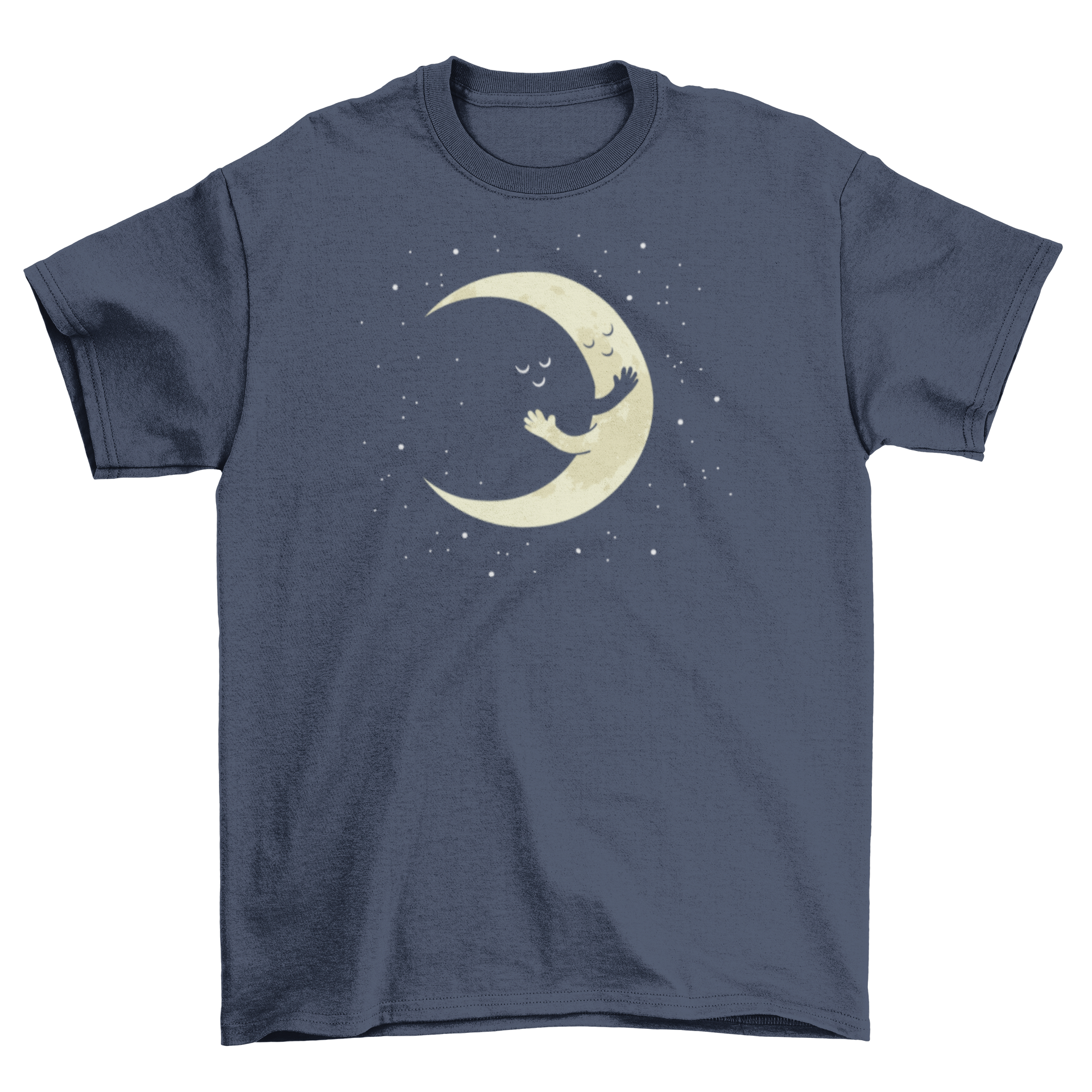 Cute Crescent Moon Hug T-shirt featuring a crescent moon design embracing its dark side, perfect for casual wear.