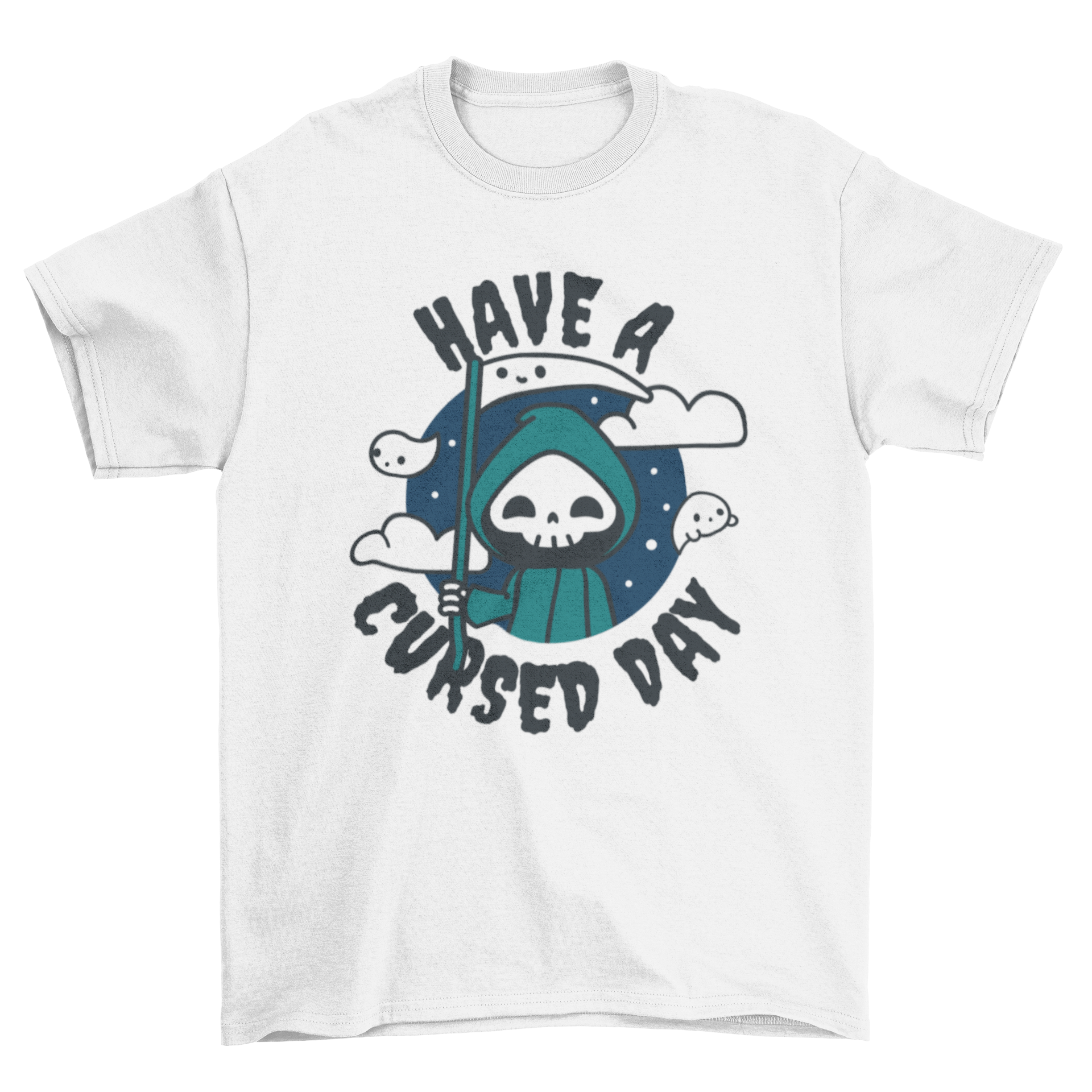 Cute Cursed Day Death T-Shirt featuring spooky design and quote 'Have a cursed day'.