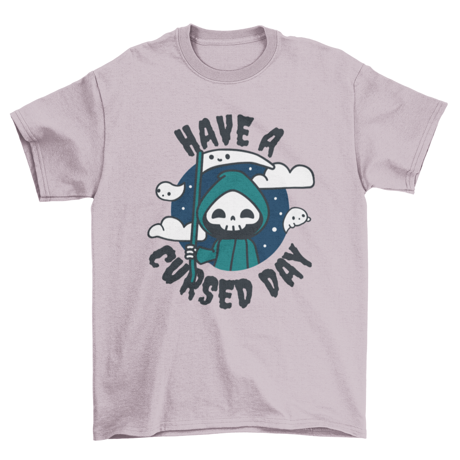 Cute Cursed Day Death T-Shirt featuring spooky design and quote 'Have a cursed day'.