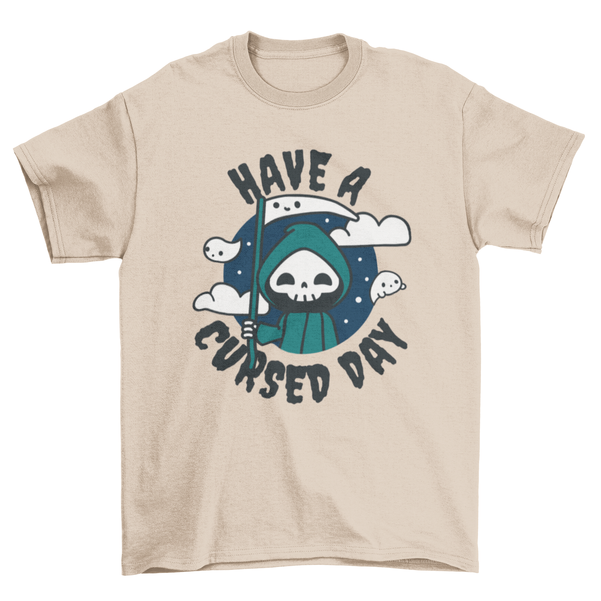 Cute Cursed Day Death T-Shirt featuring spooky design and quote 'Have a cursed day'.