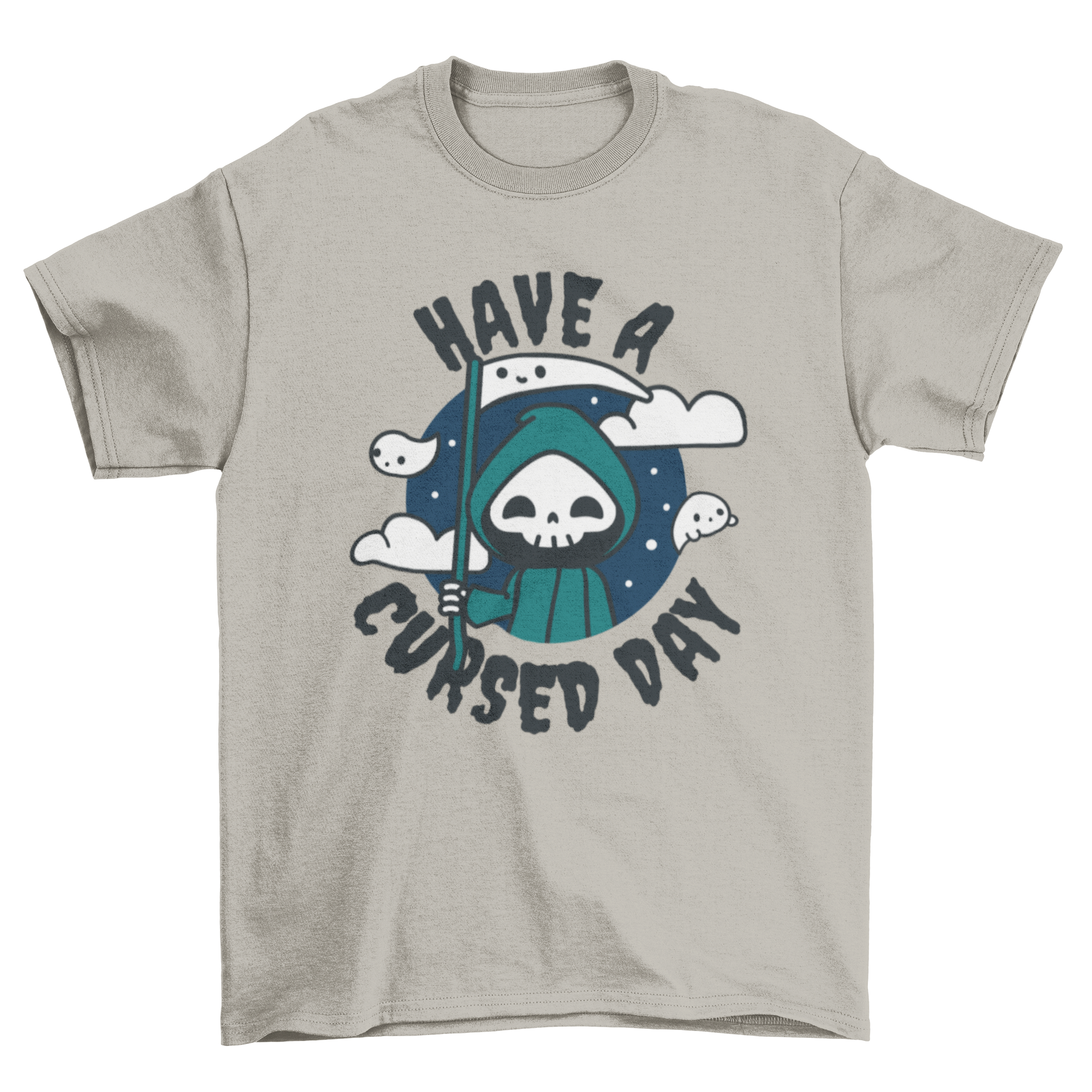 Cute Cursed Day Death T-Shirt featuring spooky design and quote 'Have a cursed day'.