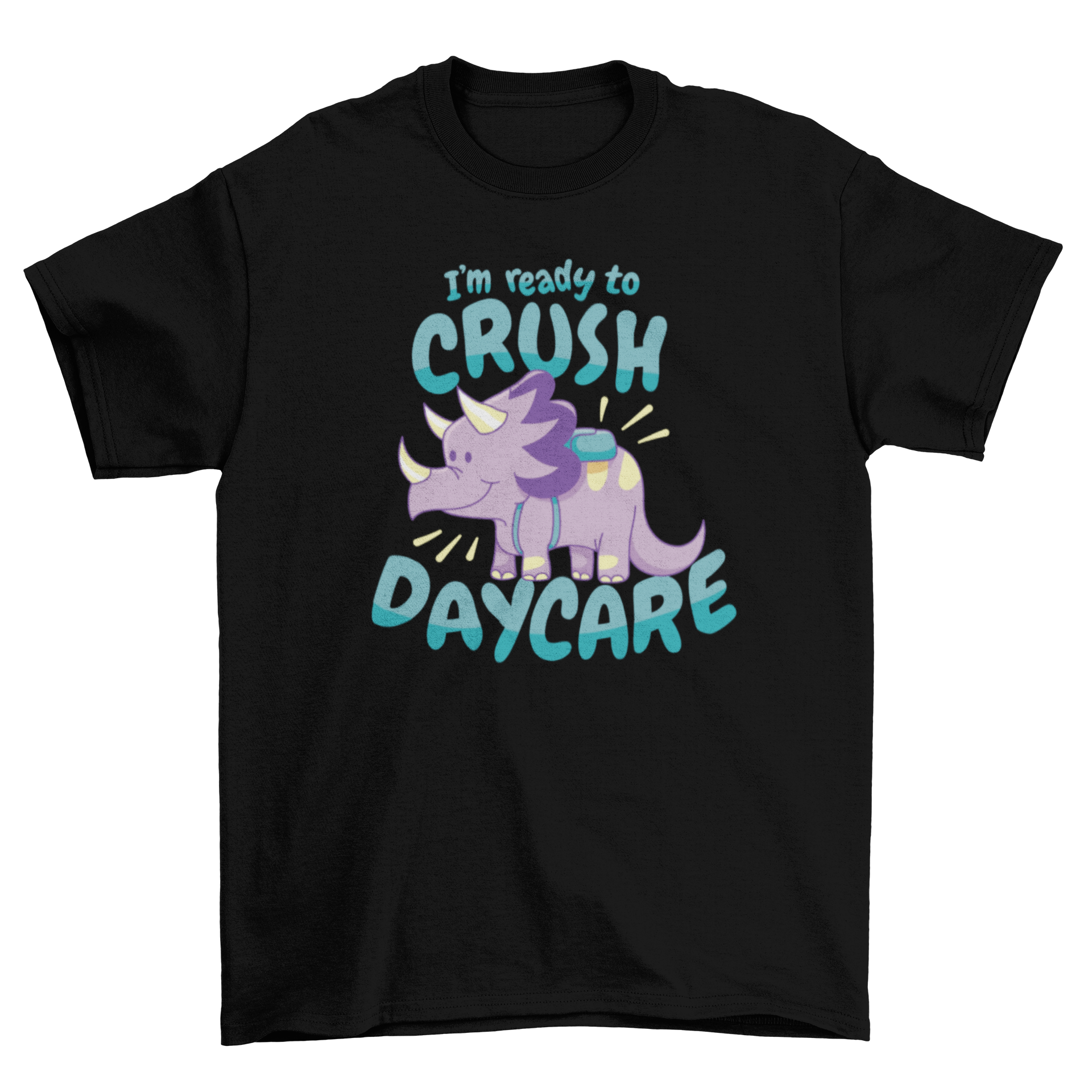 Cute daycare t-shirt featuring a triceratops dinosaur with a backpack and playful quote.