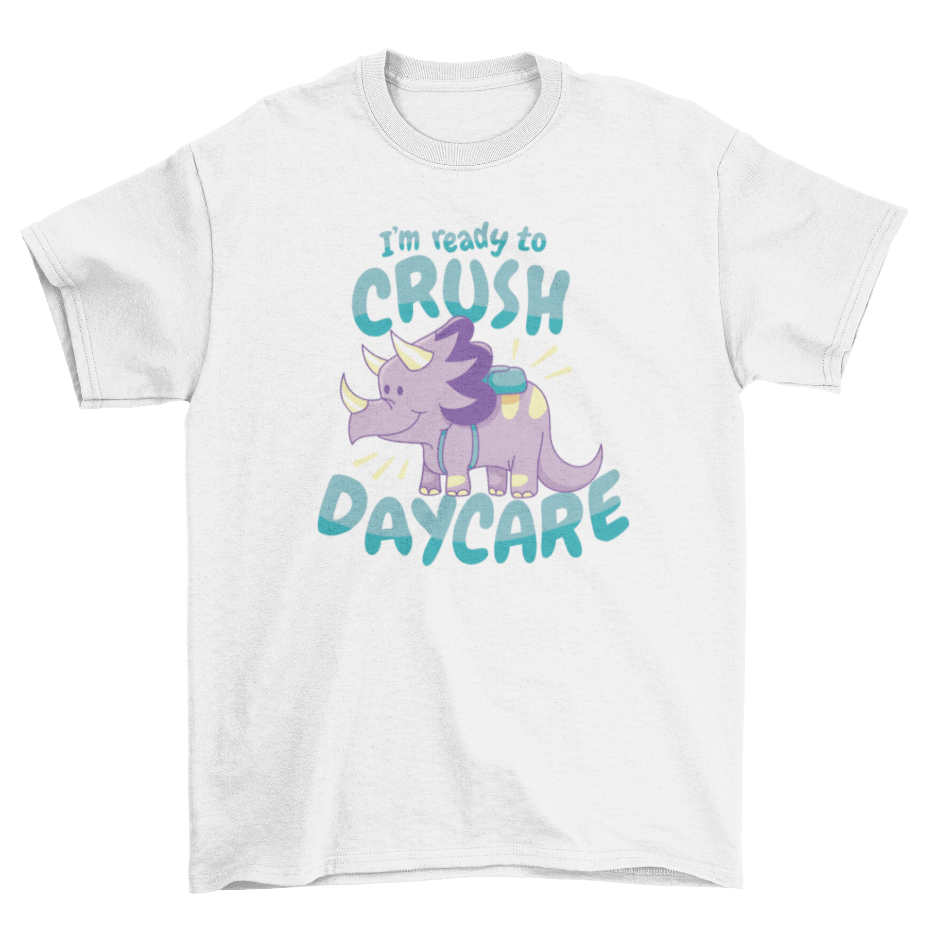 Cute daycare t-shirt featuring a triceratops dinosaur with a backpack and playful quote.