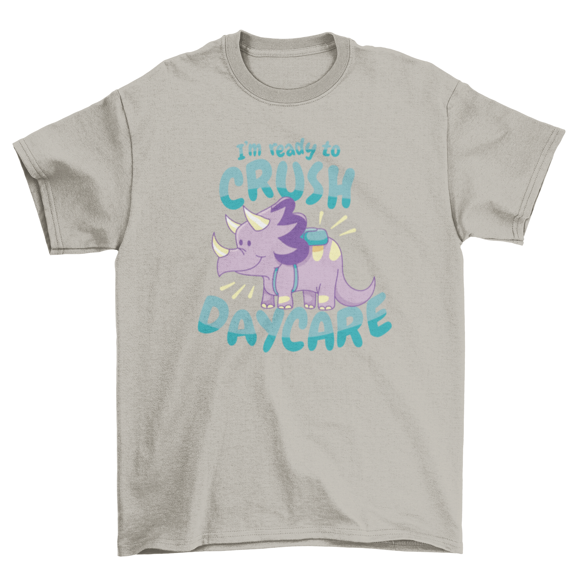 Cute daycare t-shirt featuring a triceratops dinosaur with a backpack and playful quote.