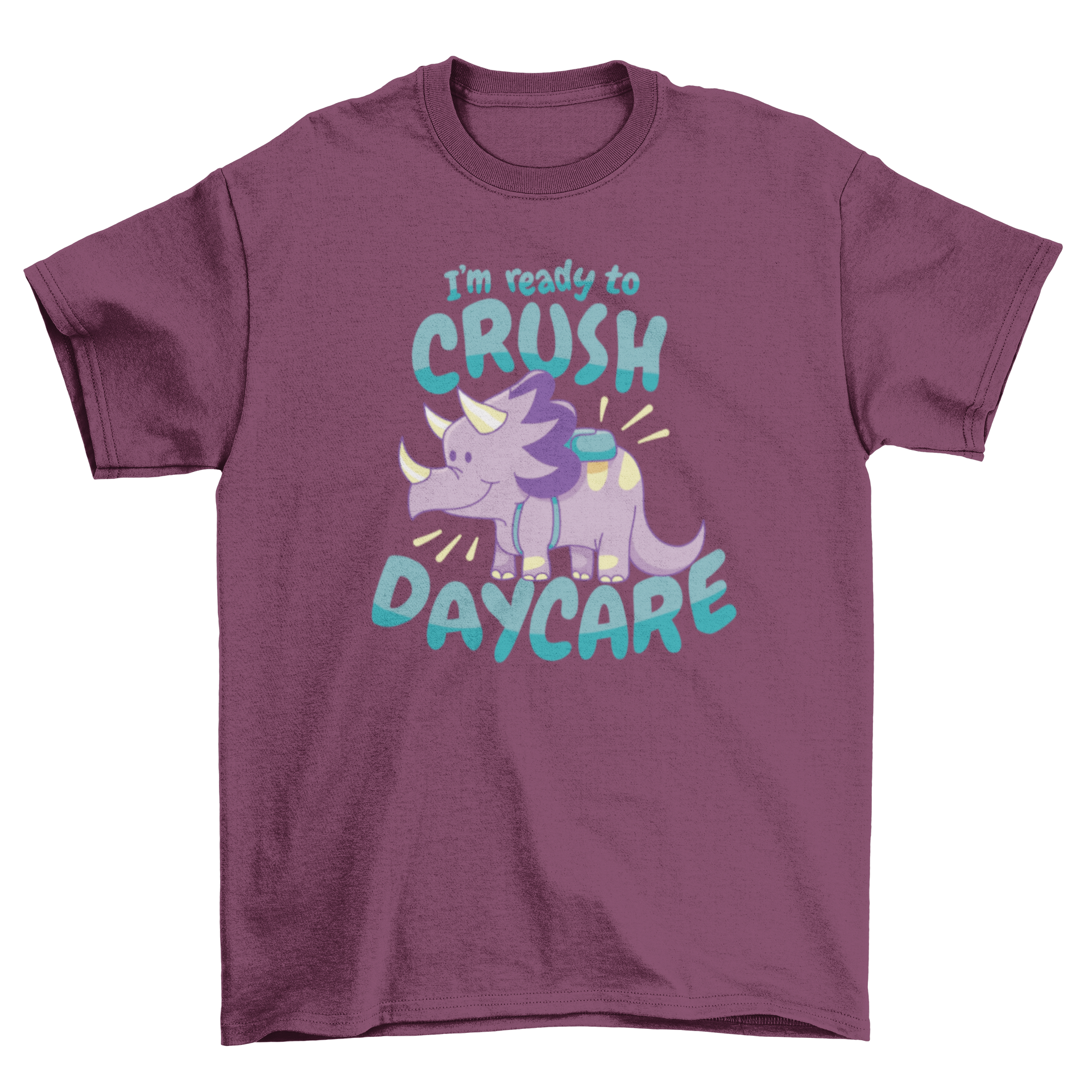 Cute daycare t-shirt featuring a triceratops dinosaur with a backpack and playful quote.