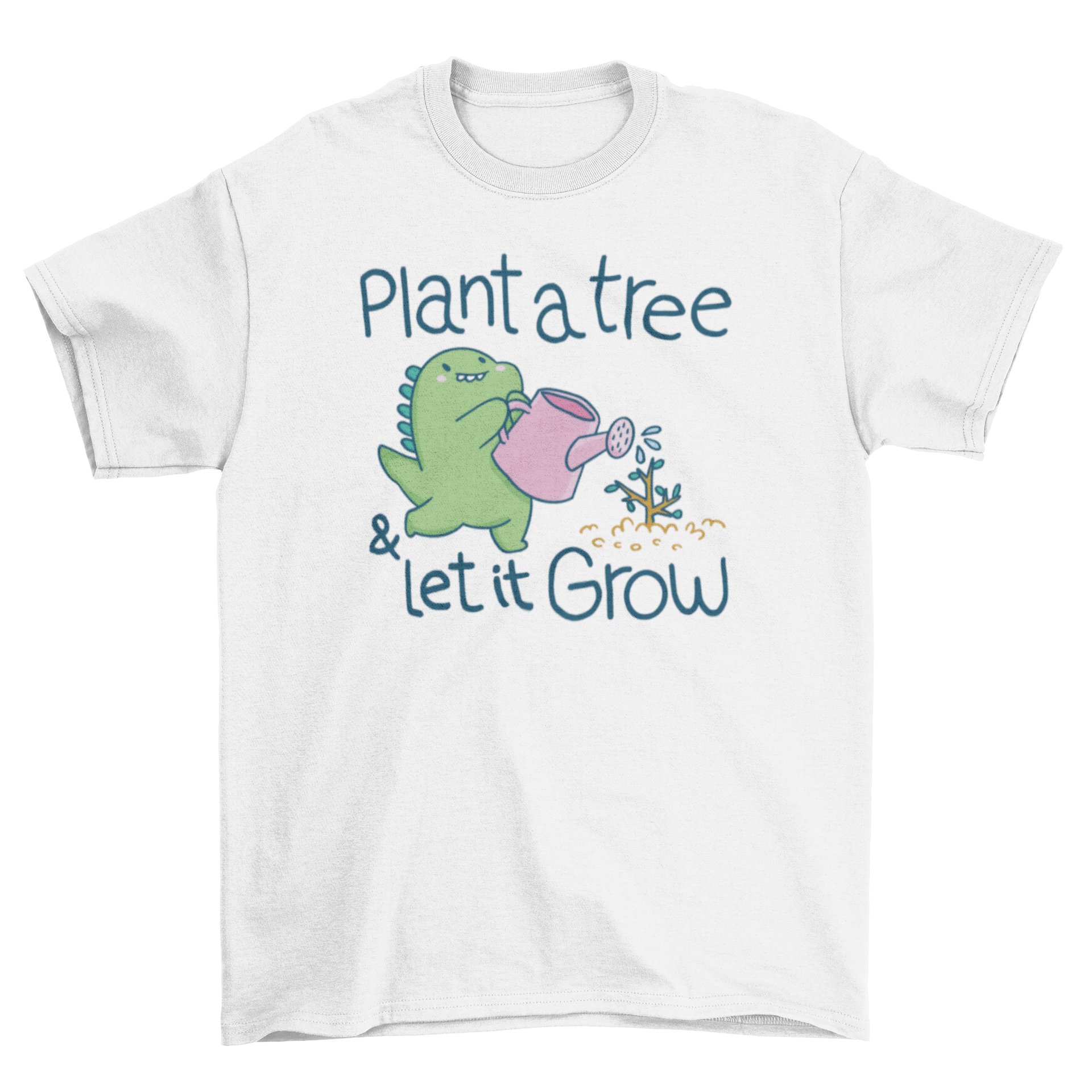 Cute dinosaur watering a plant on a t-shirt with an inspirational quote.