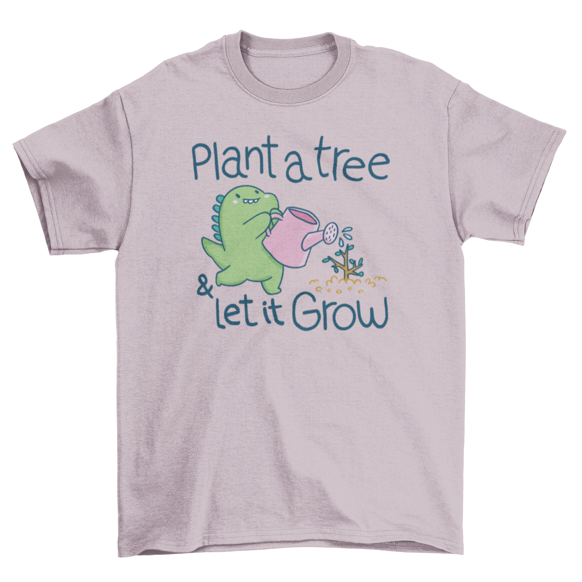 Cute dinosaur watering a plant on a t-shirt with an inspirational quote.