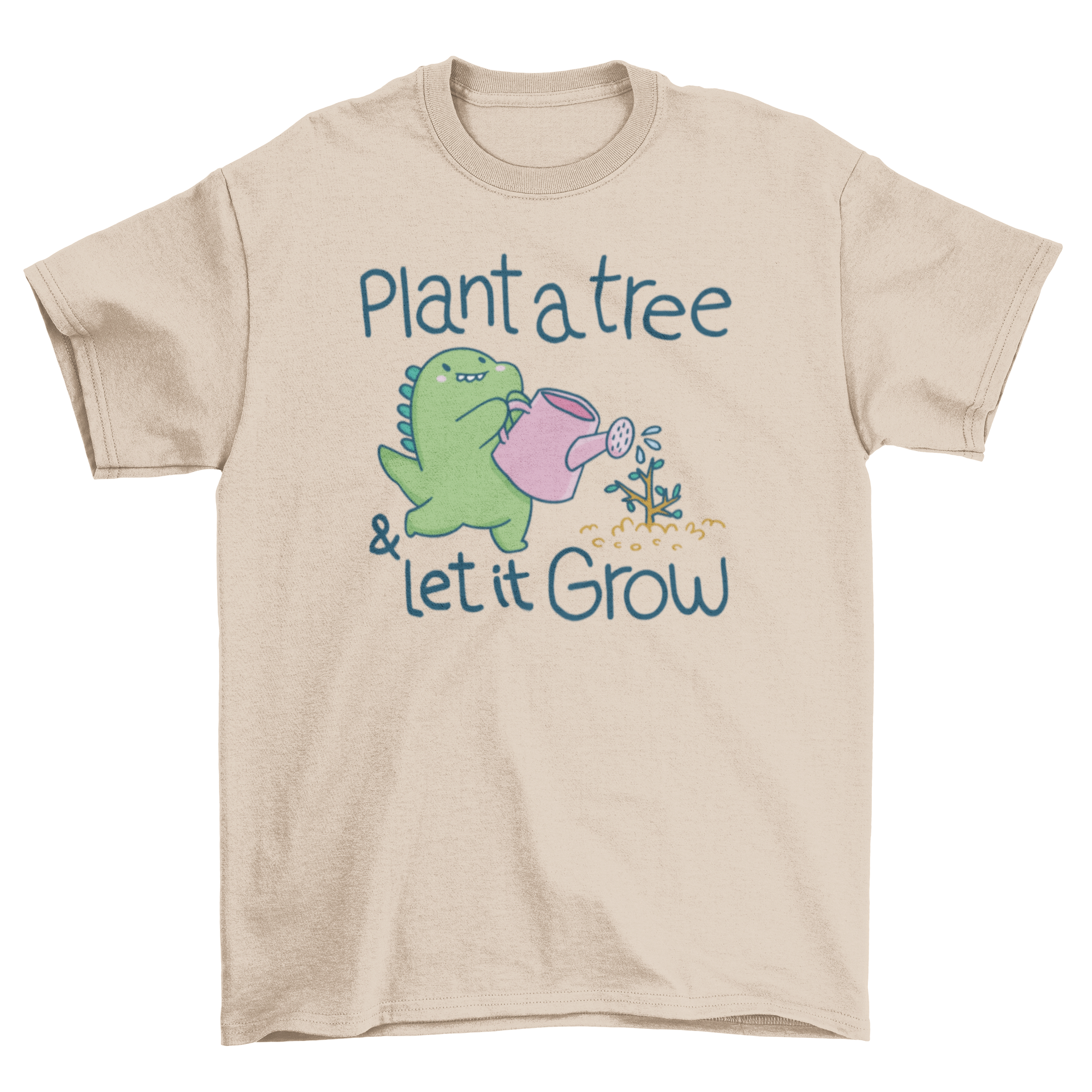 Cute dinosaur watering a plant on a t-shirt with an inspirational quote.