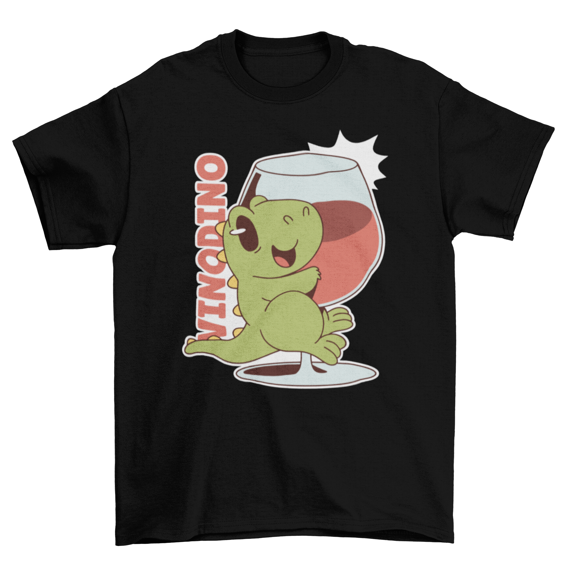 Cute t-shirt featuring a baby dinosaur holding a wine glass with the quote 'Vinodino'.