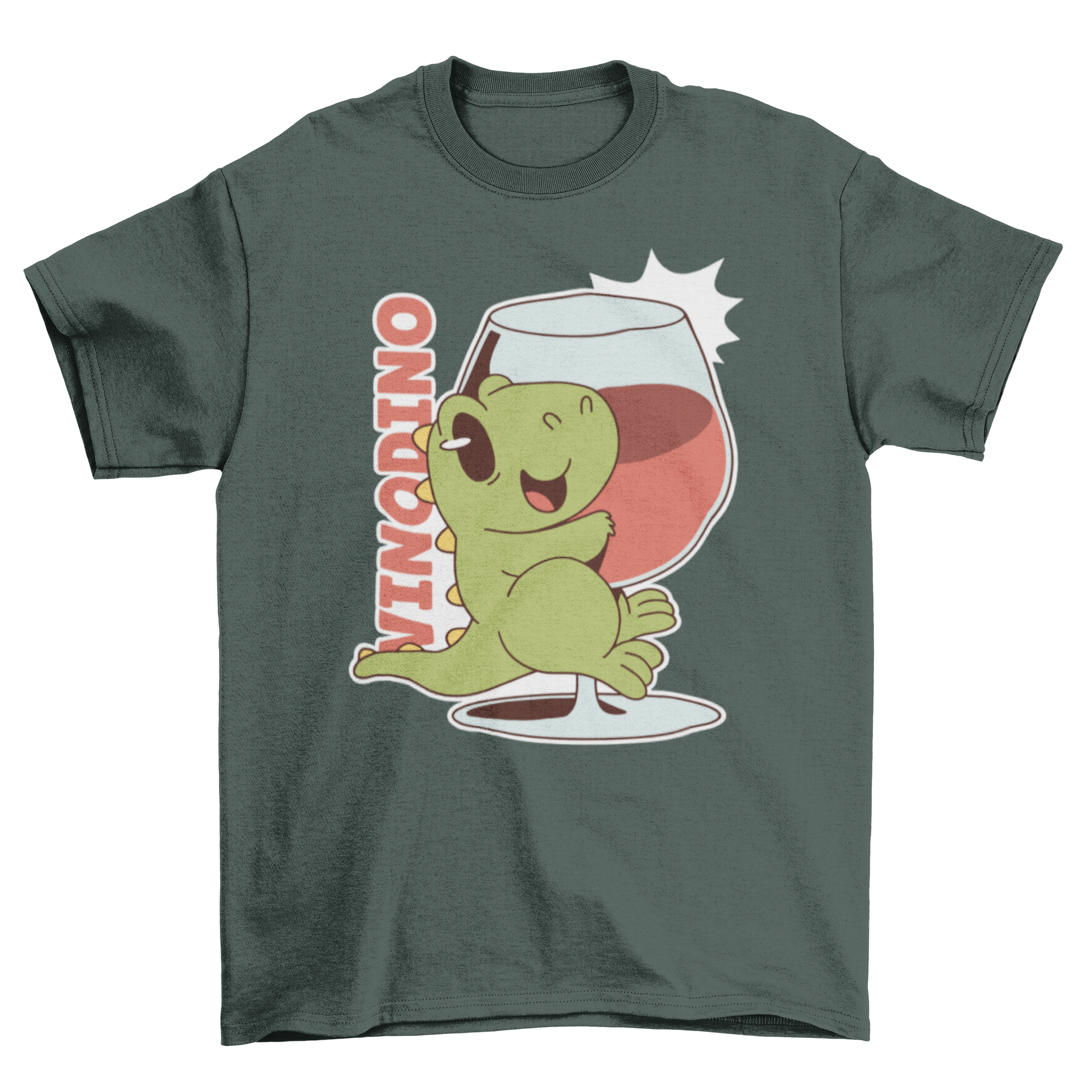 Cute t-shirt featuring a baby dinosaur holding a wine glass with the quote 'Vinodino'.