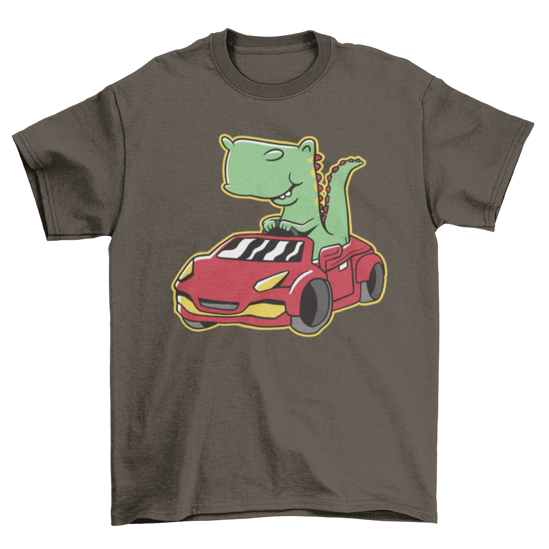 Cute t-shirt featuring a dinosaur driving a colorful car, perfect for dino lovers.