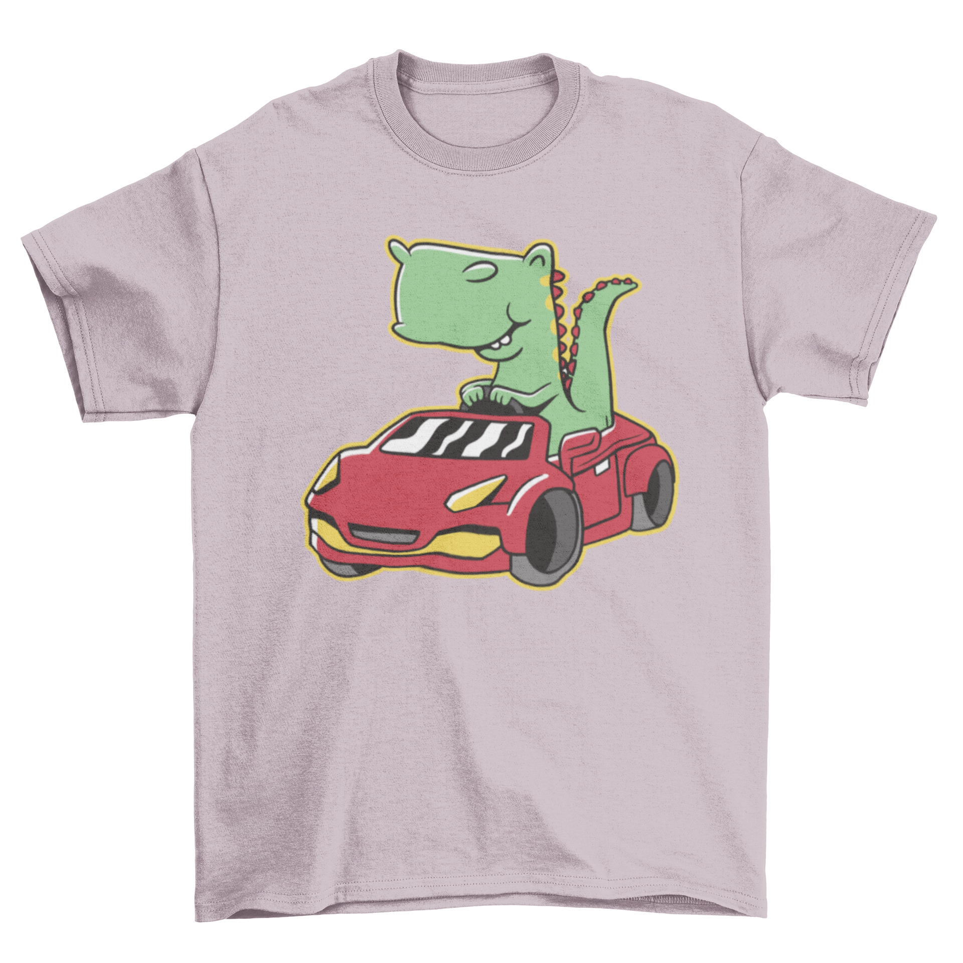 Cute t-shirt featuring a dinosaur driving a colorful car, perfect for dino lovers.