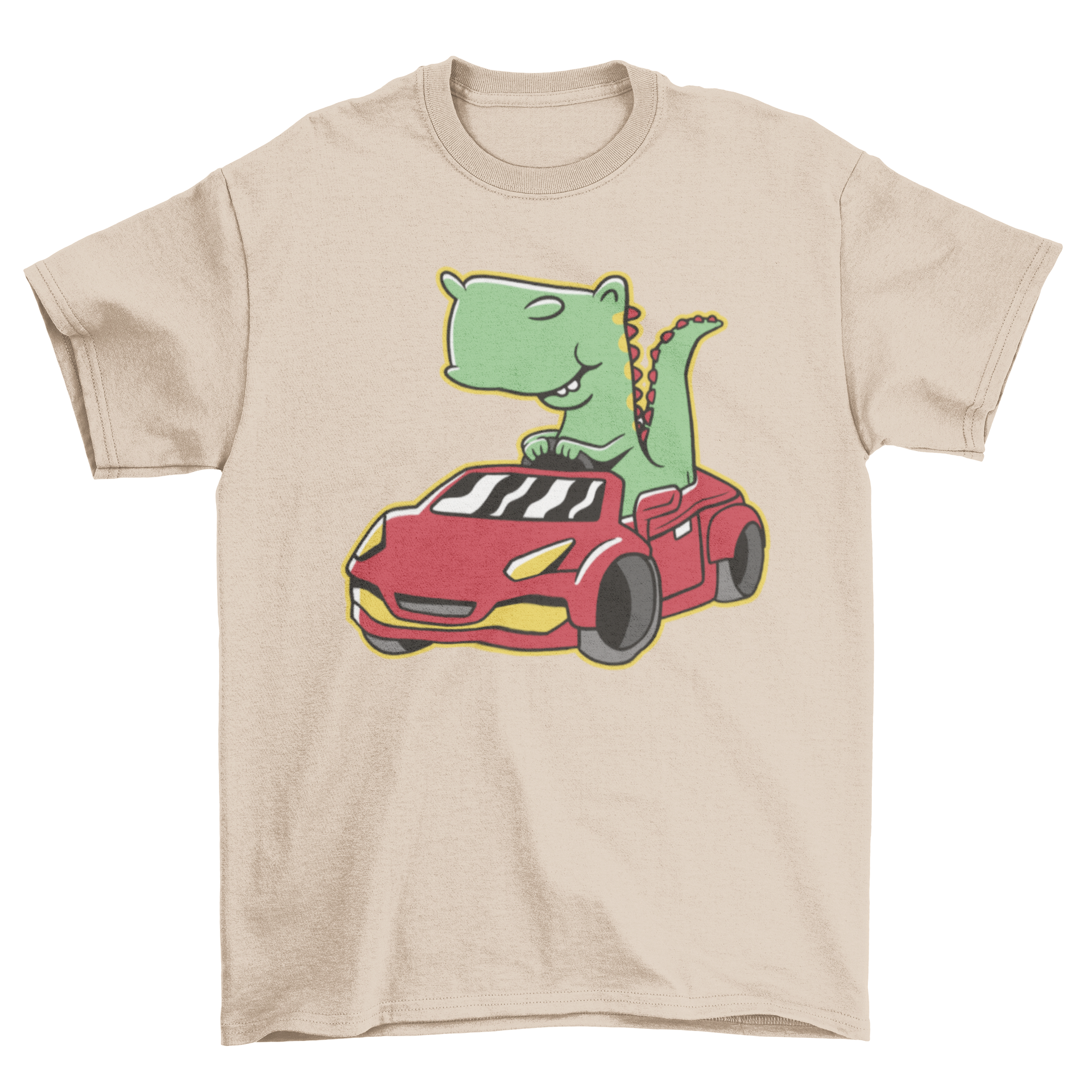 Cute t-shirt featuring a dinosaur driving a colorful car, perfect for dino lovers.