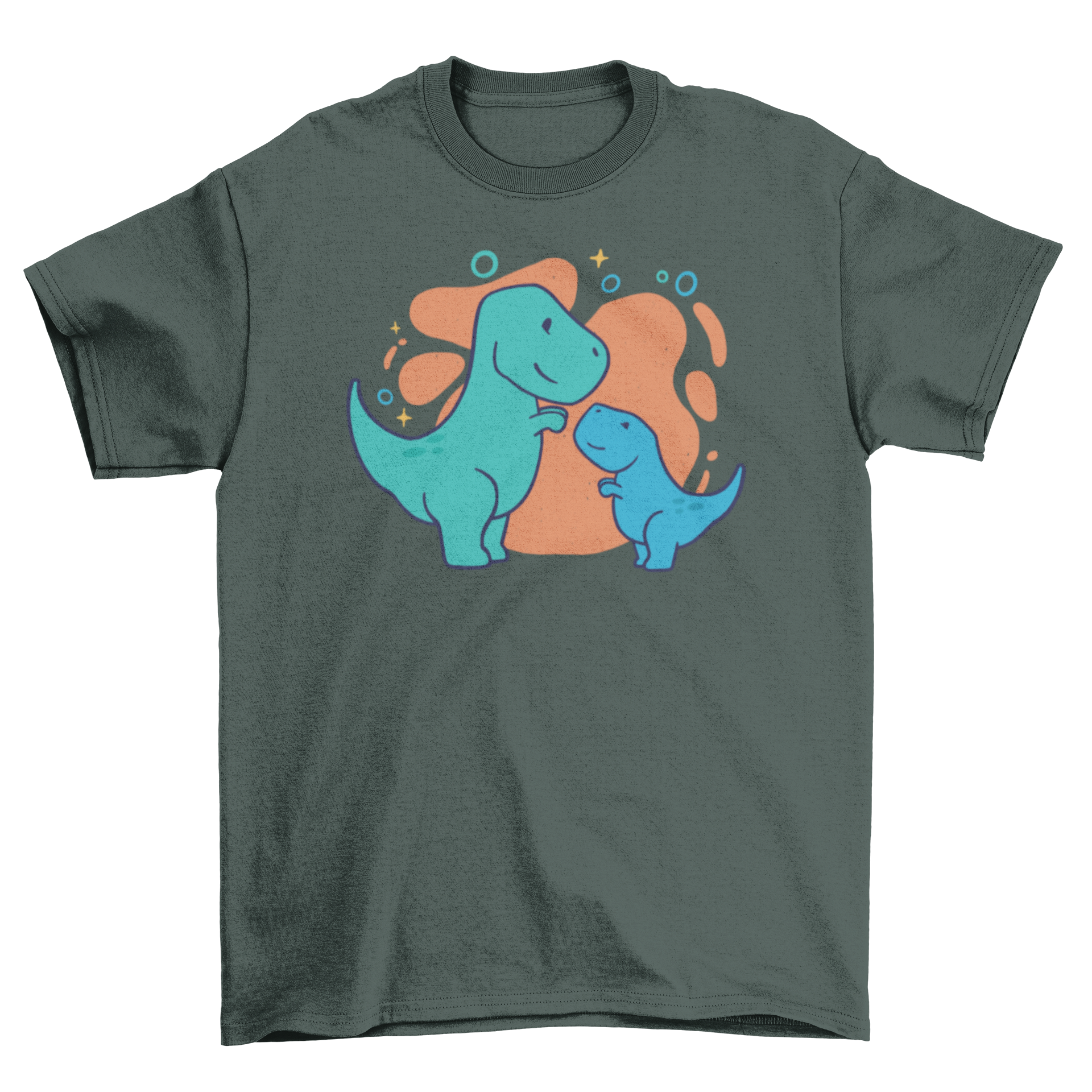 Cute dinosaurs t-shirt featuring two playful dinosaur designs in vibrant colors.