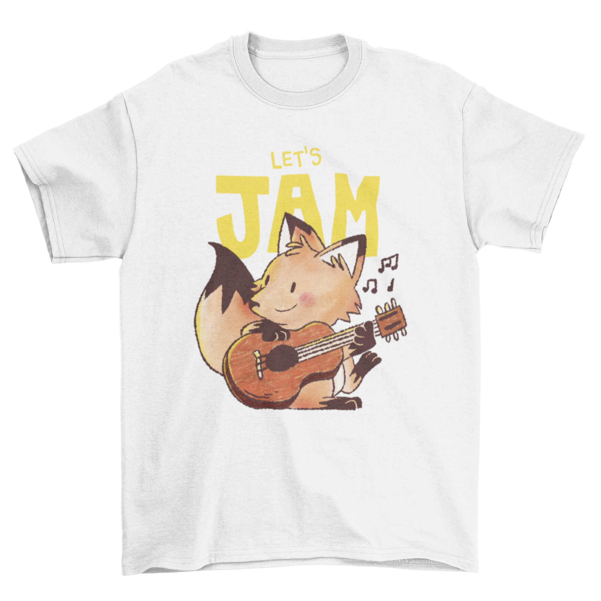 Cute doodle design of a fox playing guitar with colorful accents and the quote 'Let's Jam'.