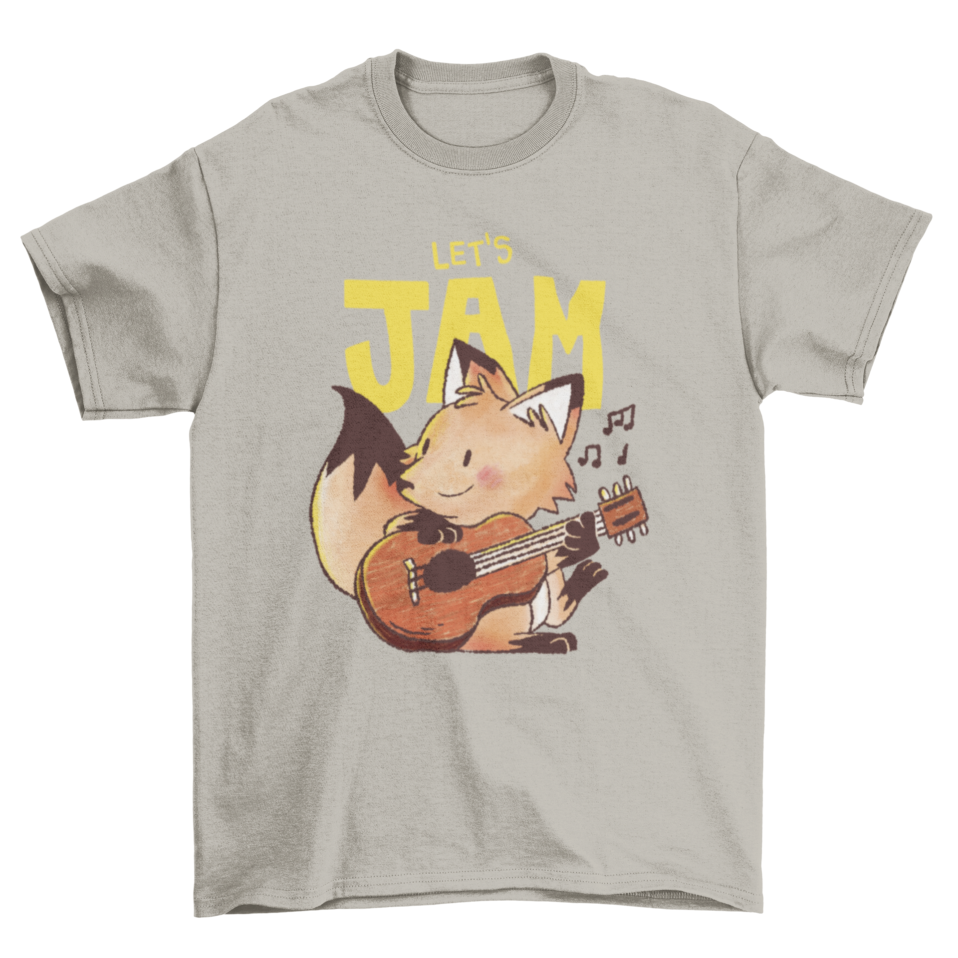 Cute doodle design of a fox playing guitar with colorful accents and the quote 'Let's Jam'.