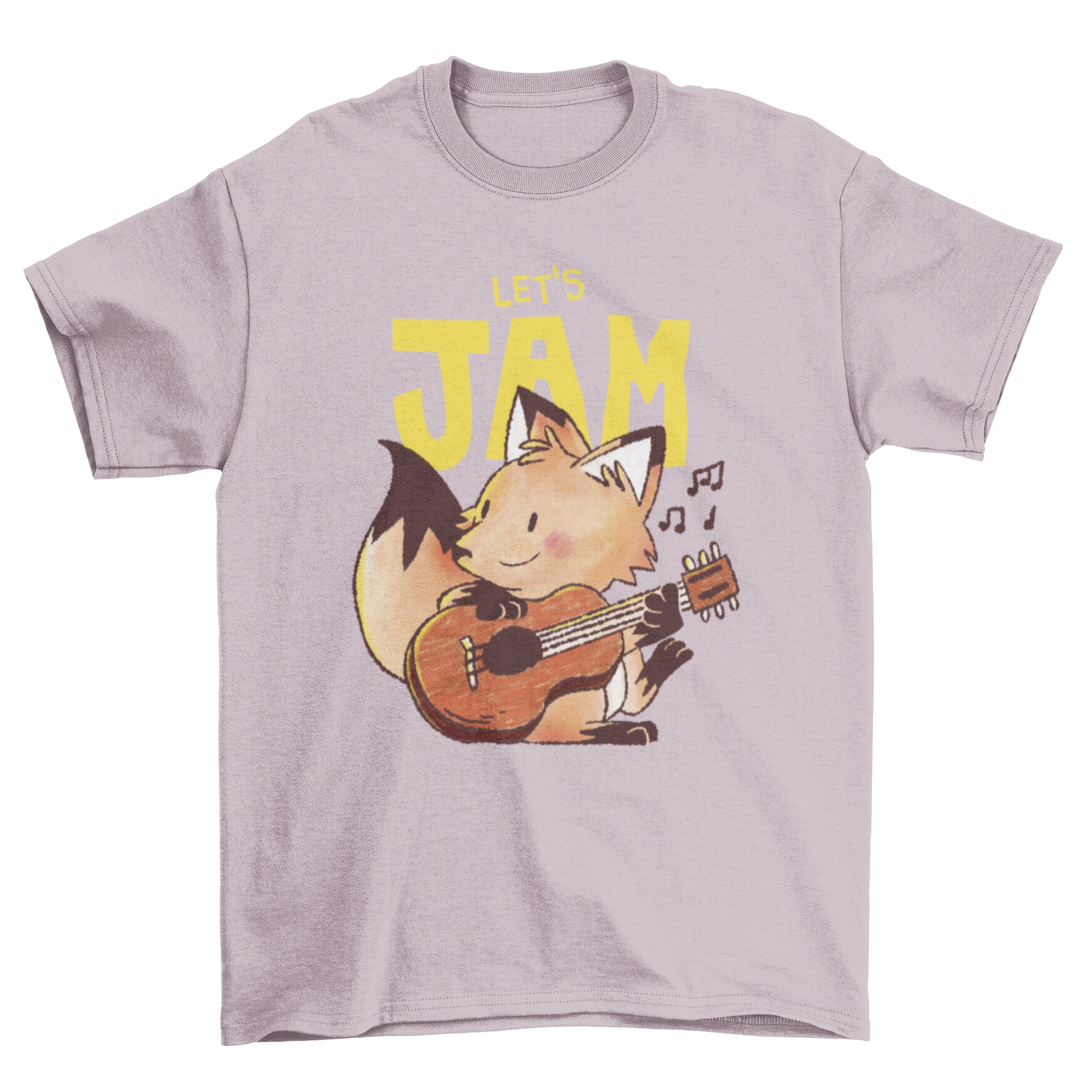 Cute doodle design of a fox playing guitar with colorful accents and the quote 'Let's Jam'.