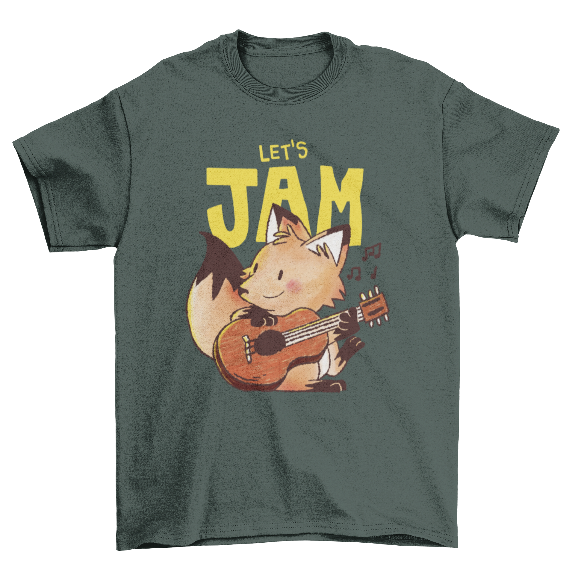 Cute doodle design of a fox playing guitar with colorful accents and the quote 'Let's Jam'.