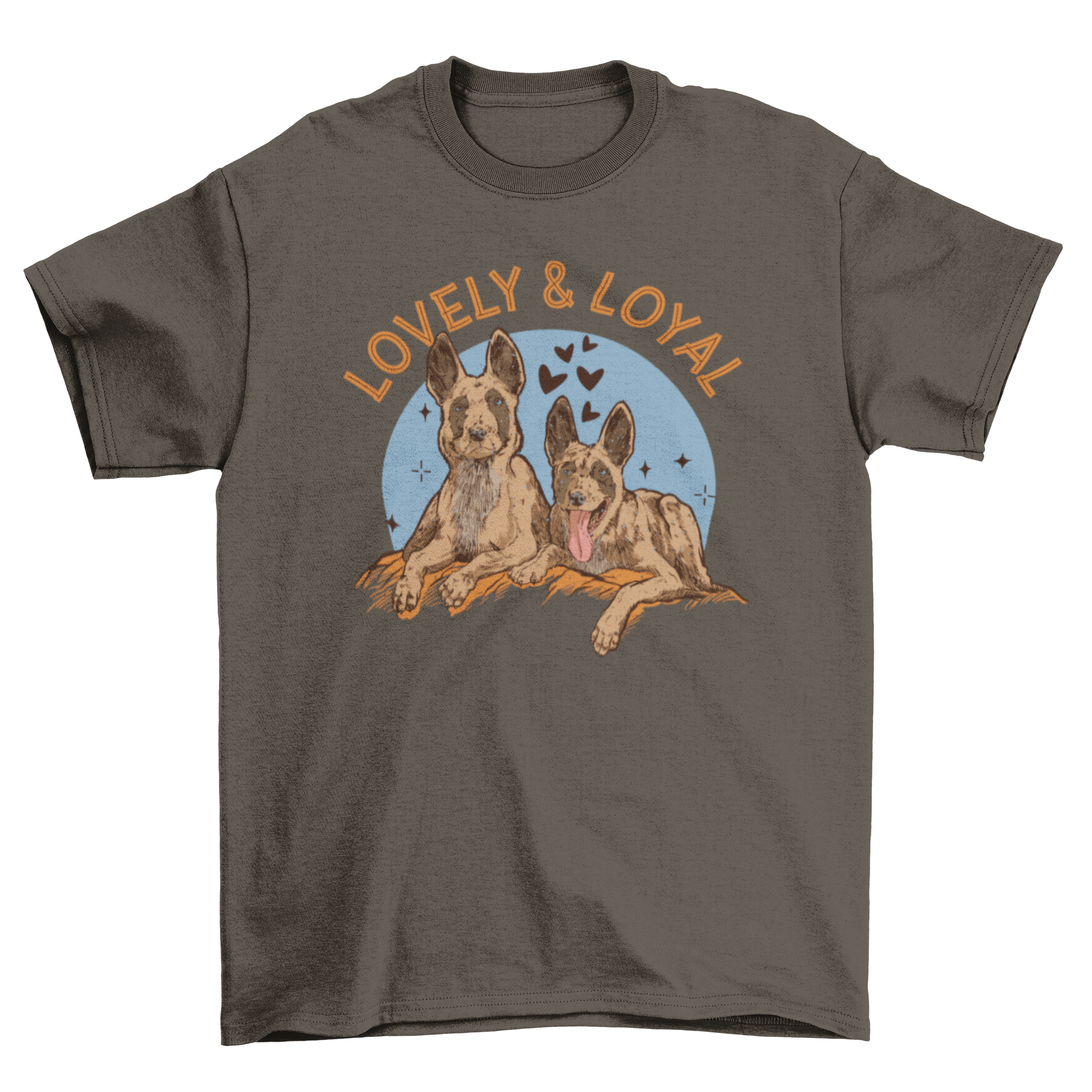 Cute t-shirt featuring a portrait of two dogs with the quote 'Lovely and loyal'.