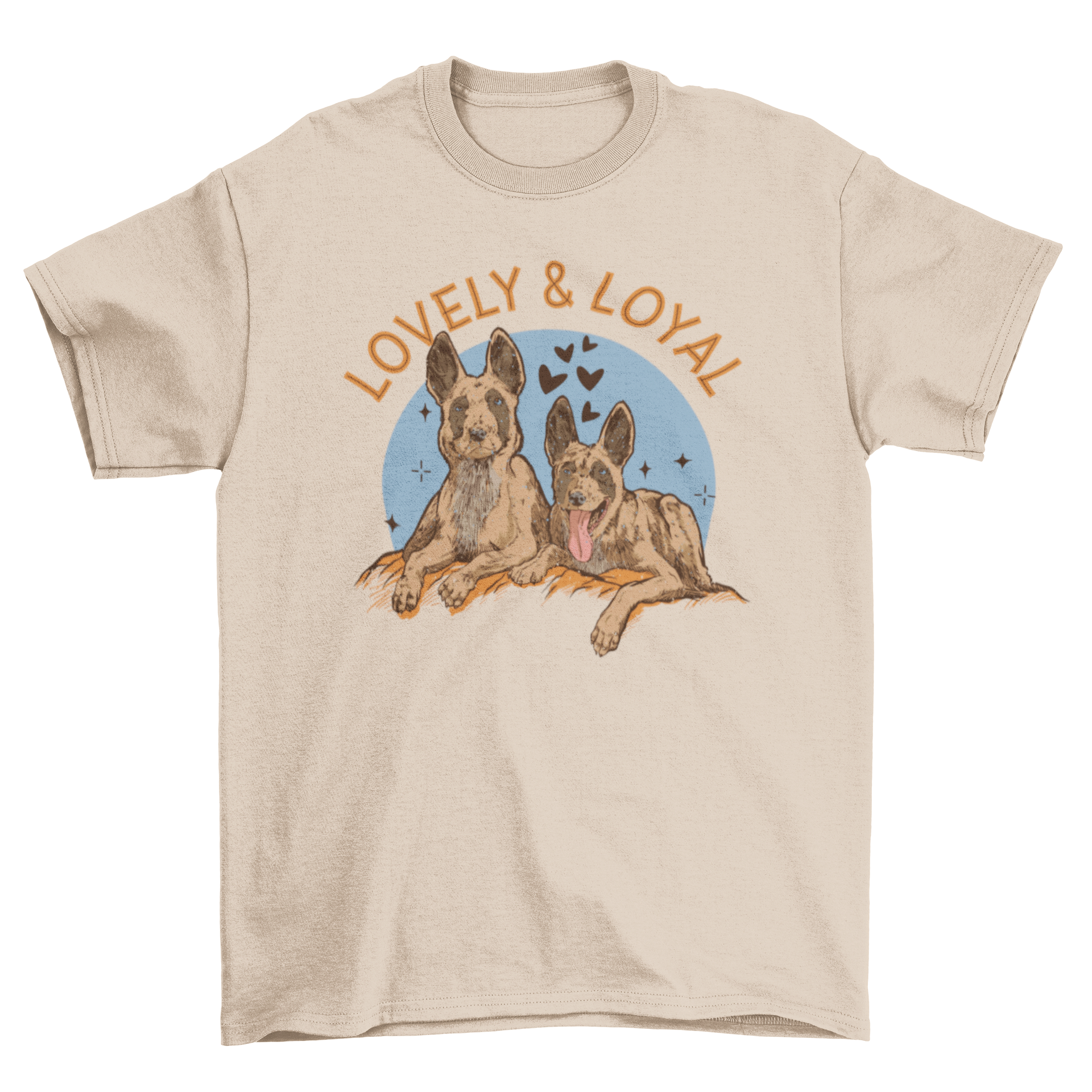 Cute t-shirt featuring a portrait of two dogs with the quote 'Lovely and loyal'.