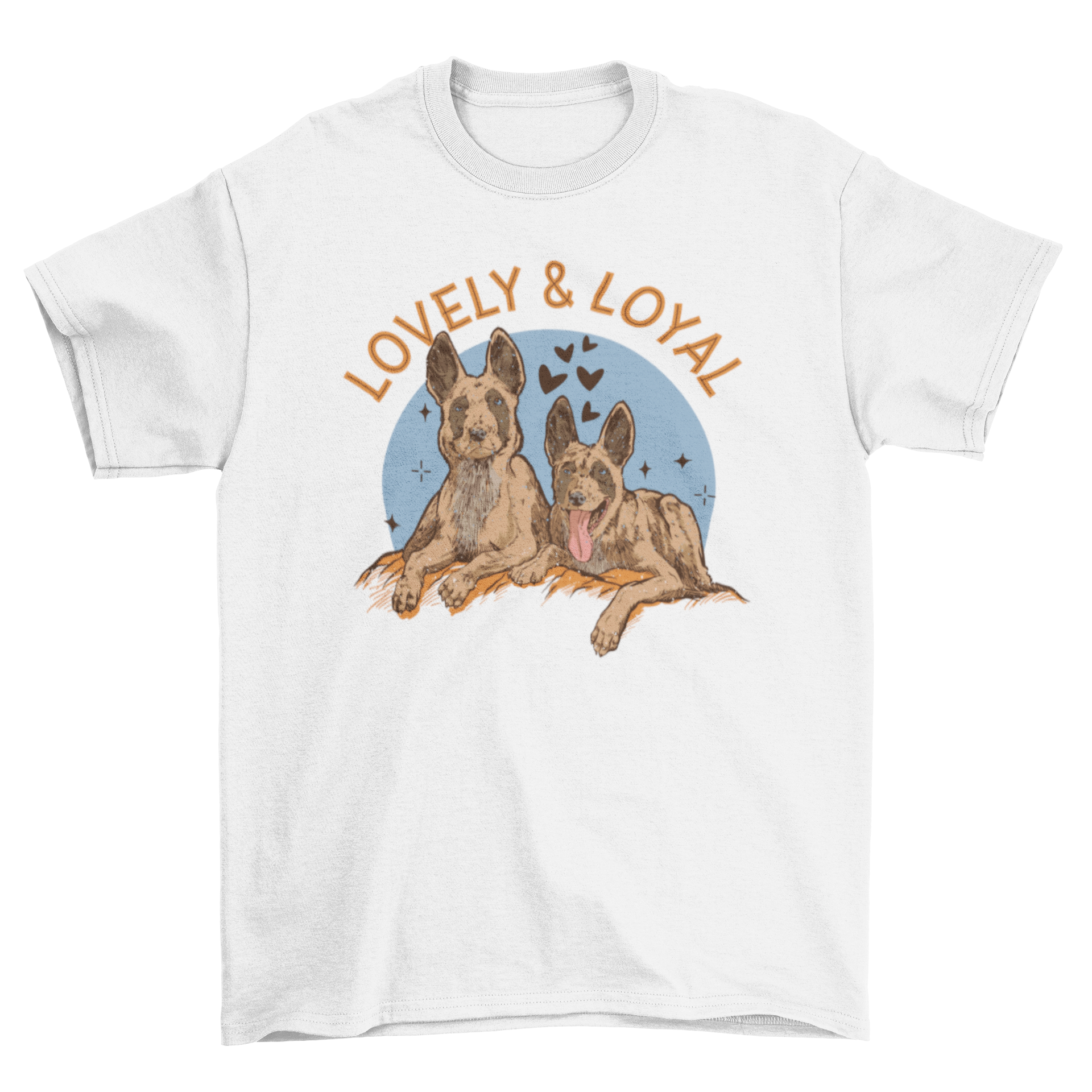 Cute t-shirt featuring a portrait of two dogs with the quote 'Lovely and loyal'.