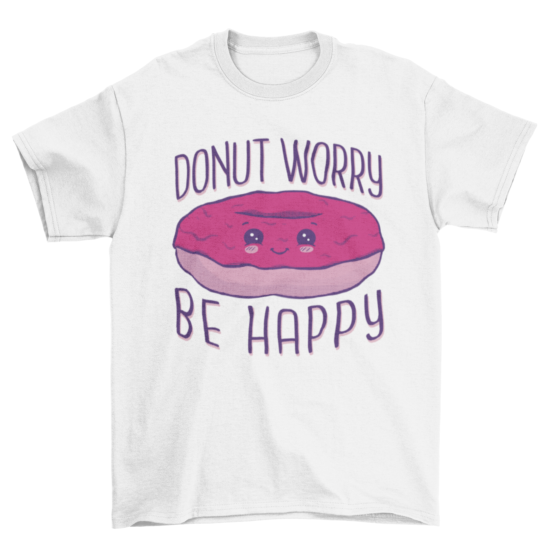 Cute donut food pun t-shirt featuring a donut graphic and the quote 'Donut worry be happy'.