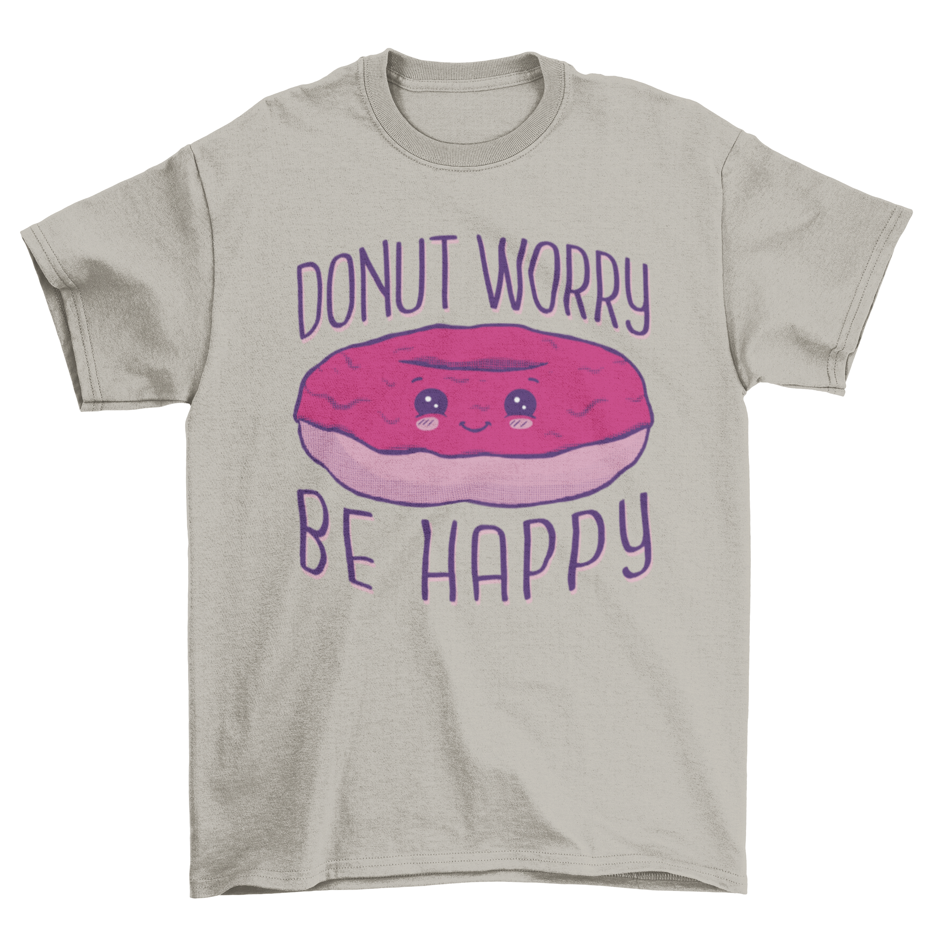 Cute donut food pun t-shirt featuring a donut graphic and the quote 'Donut worry be happy'.