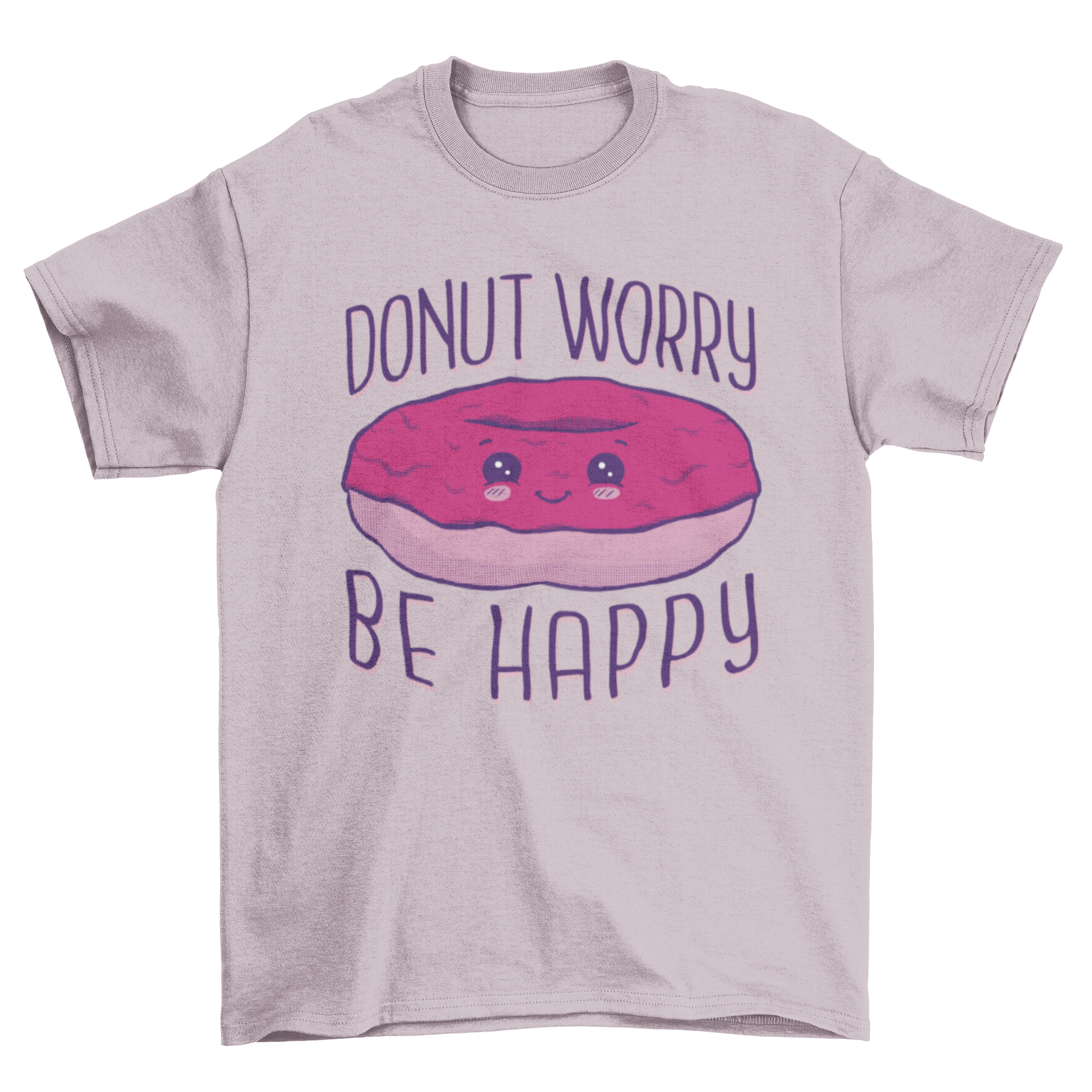 Cute donut food pun t-shirt featuring a donut graphic and the quote 'Donut worry be happy'.