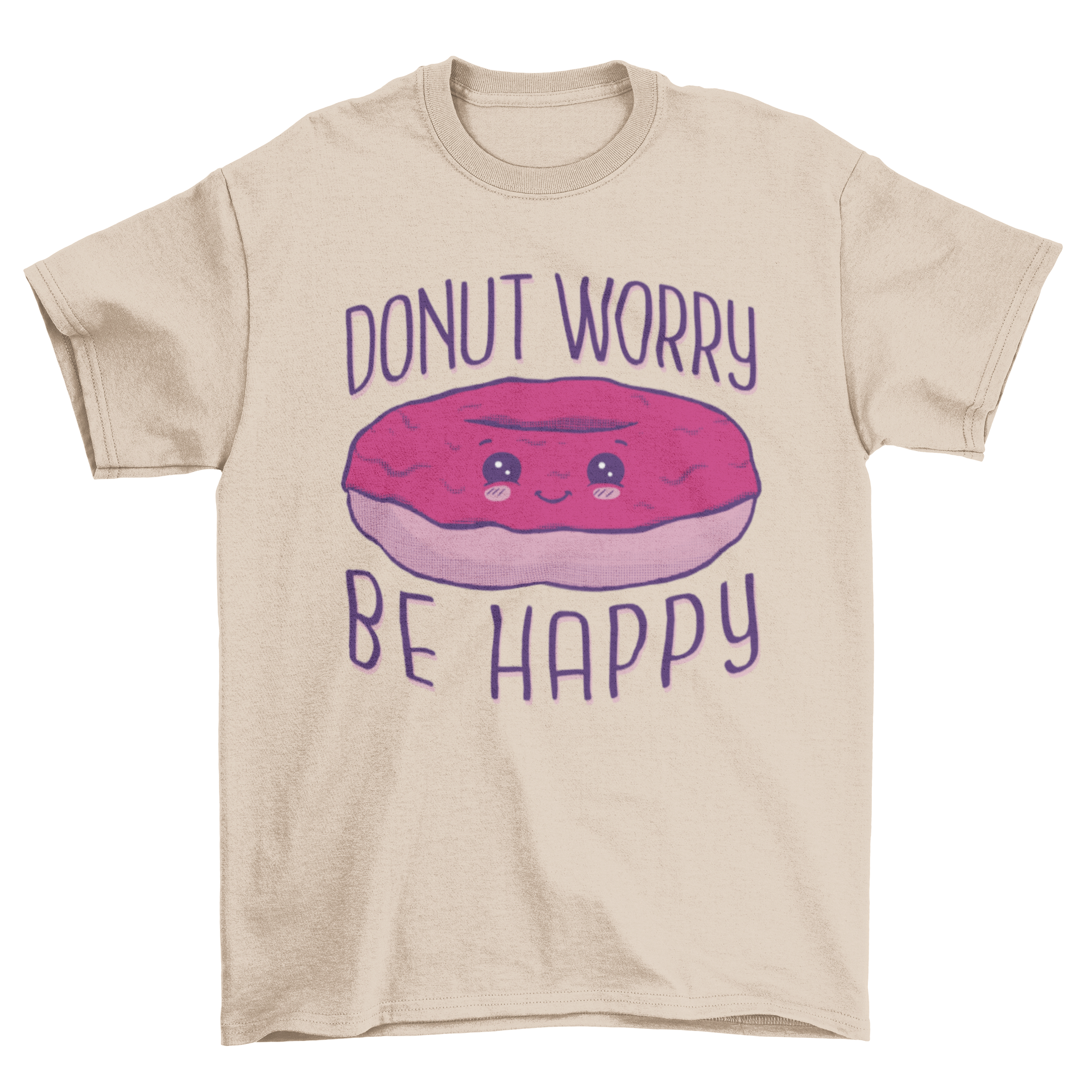 Cute donut food pun t-shirt featuring a donut graphic and the quote 'Donut worry be happy'.