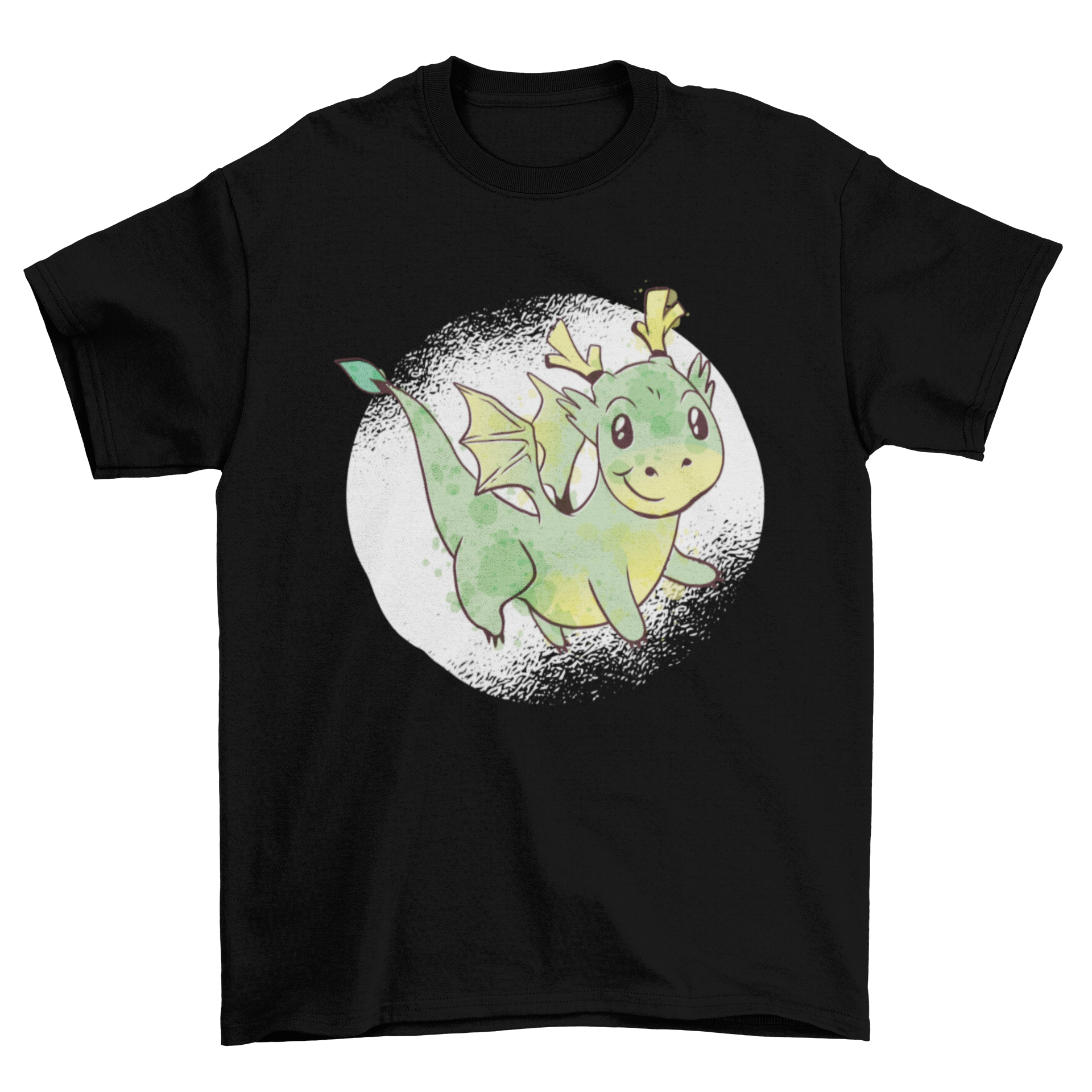 Cute Dragon T-shirt featuring a green baby dragon design on a white grunge watercolor background.