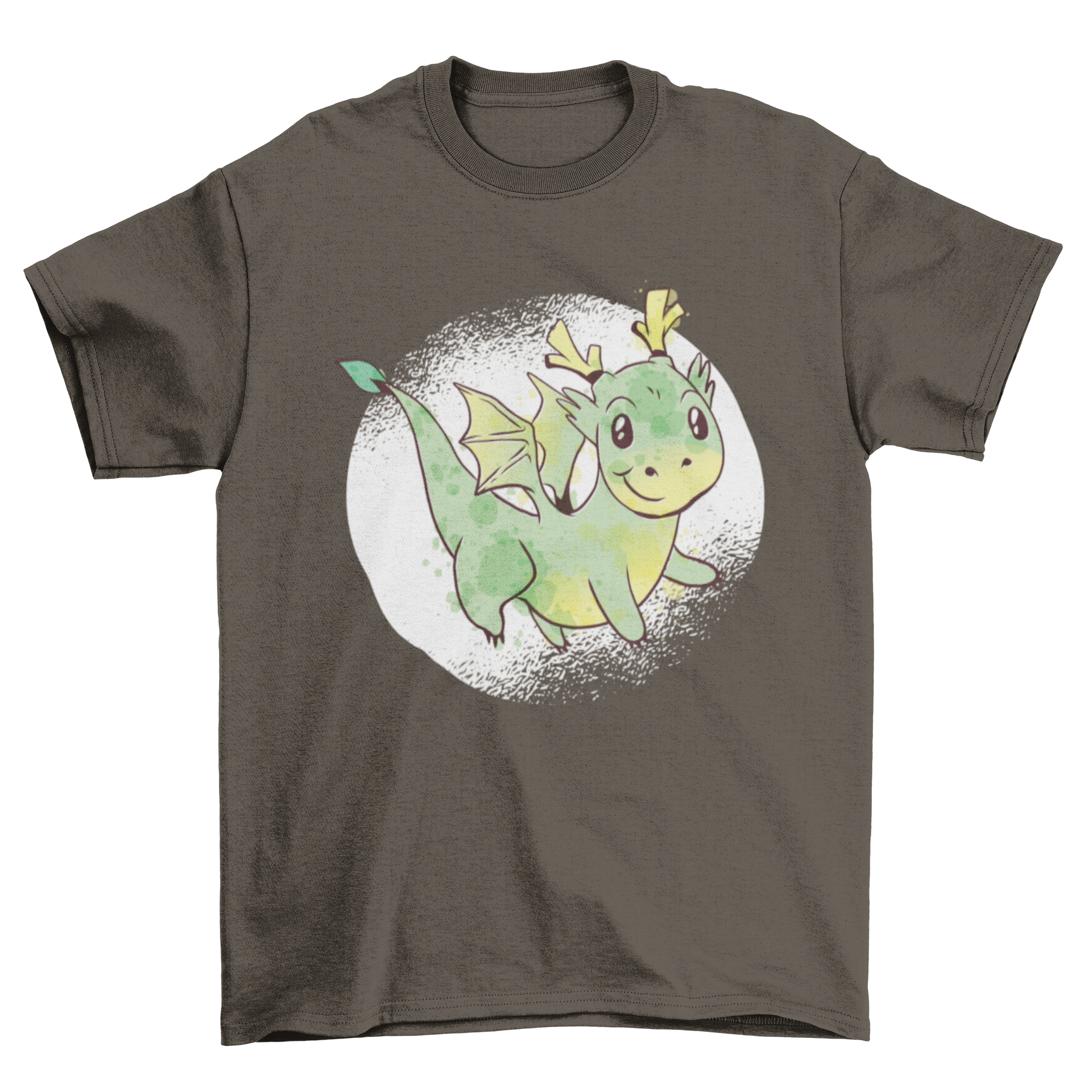 Cute Dragon T-shirt featuring a green baby dragon design on a white grunge watercolor background.