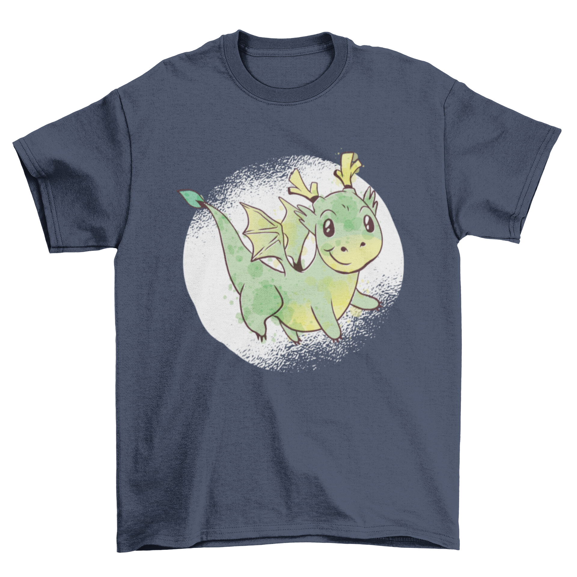 Cute Dragon T-shirt featuring a green baby dragon design on a white grunge watercolor background.