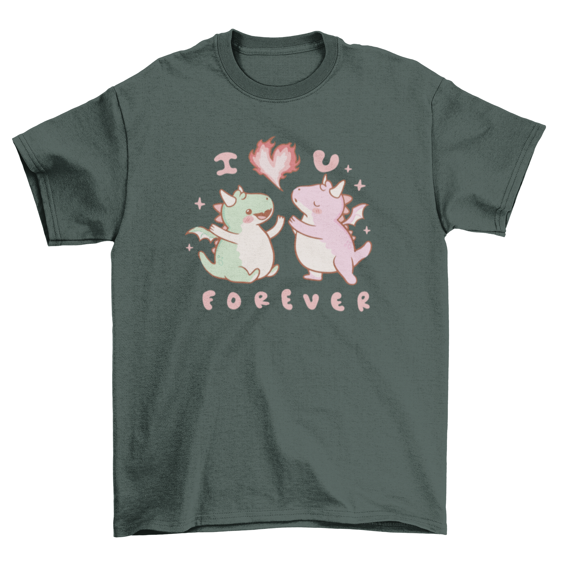 Cute t-shirt featuring two baby dragons with the quote 'I love you forever', perfect for dragon lovers.